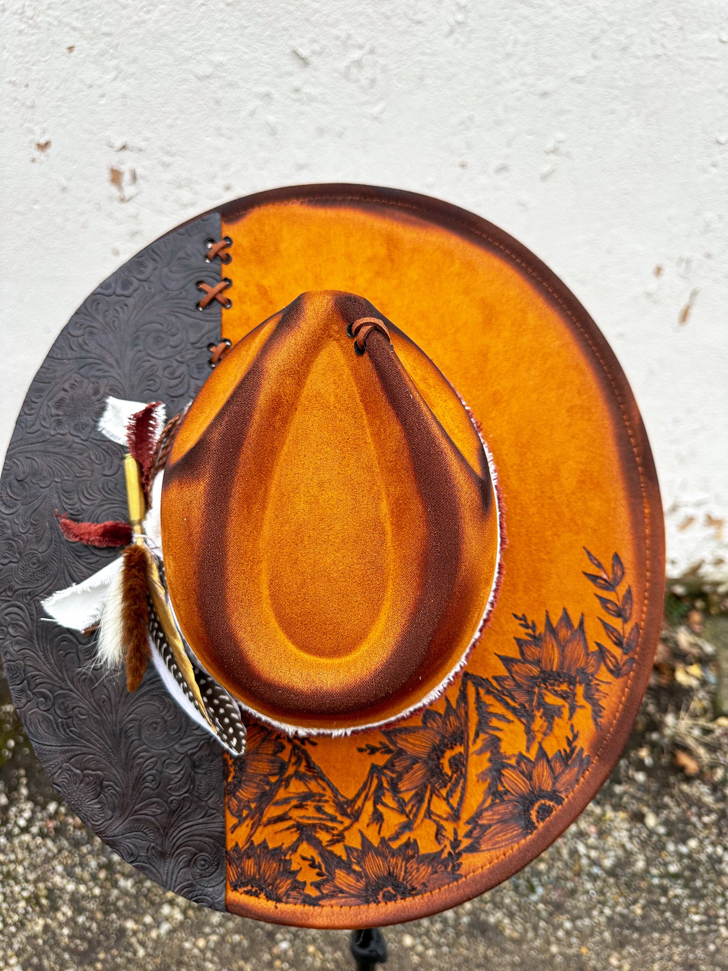 Caramel Mountain Sunflower Tooled Leather Vegan Suede Torched & Burned Hat