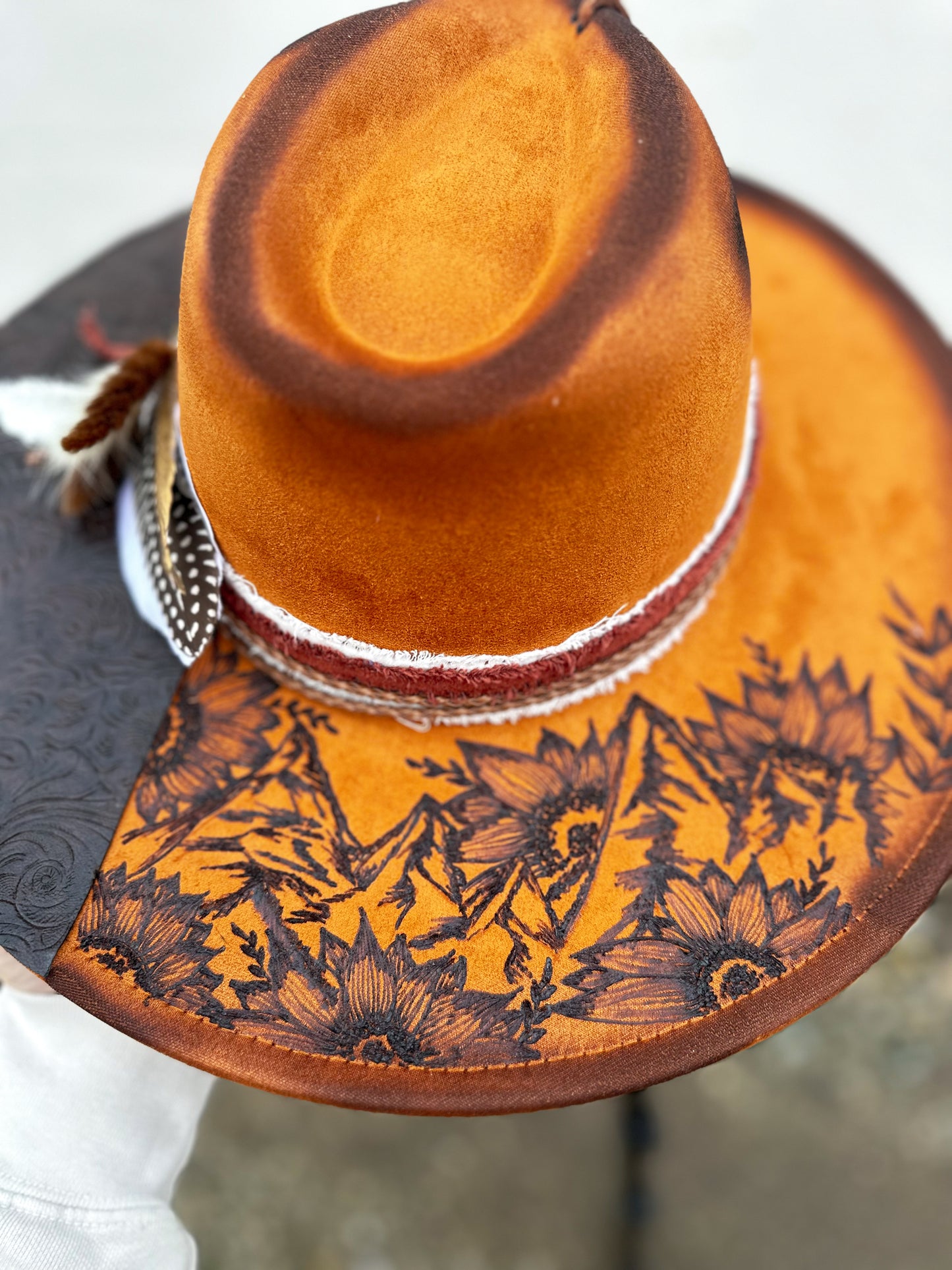 Caramel Mountain Sunflower Tooled Leather Vegan Suede Torched & Burned Hat