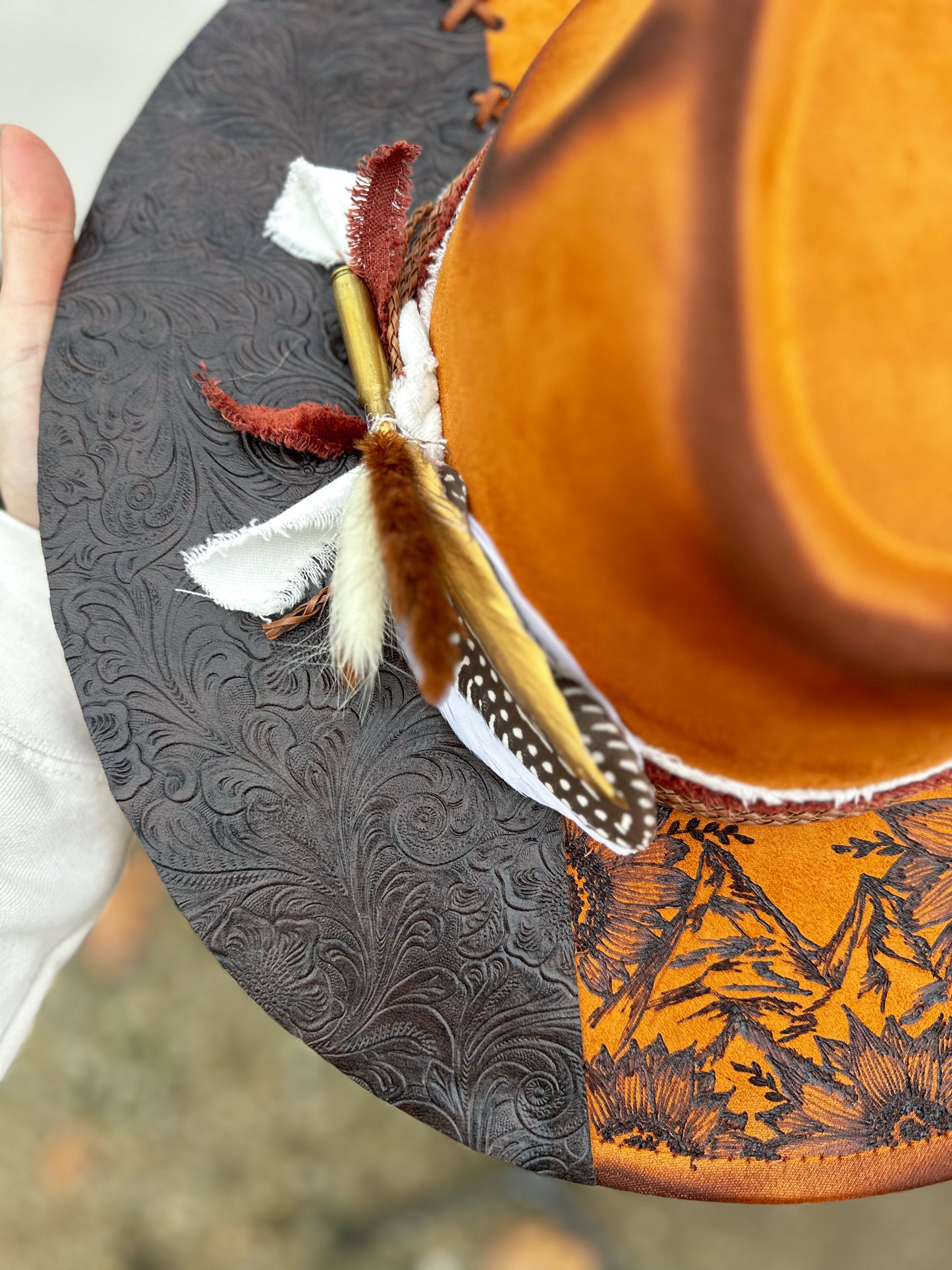 Caramel Mountain Sunflower Tooled Leather Vegan Suede Torched & Burned Hat