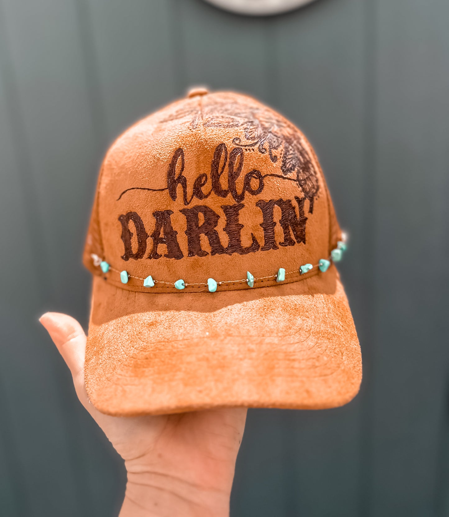 Hello Darlin ‘ Suede Burned Trucker Baseball Hat