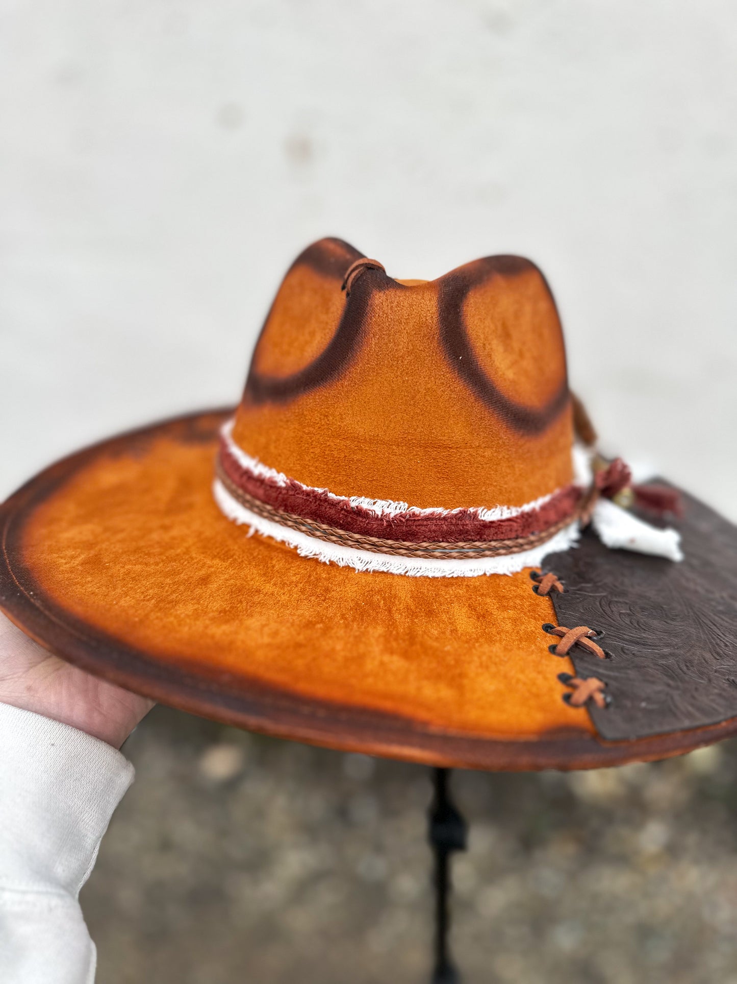 Caramel Mountain Sunflower Tooled Leather Vegan Suede Torched & Burned Hat
