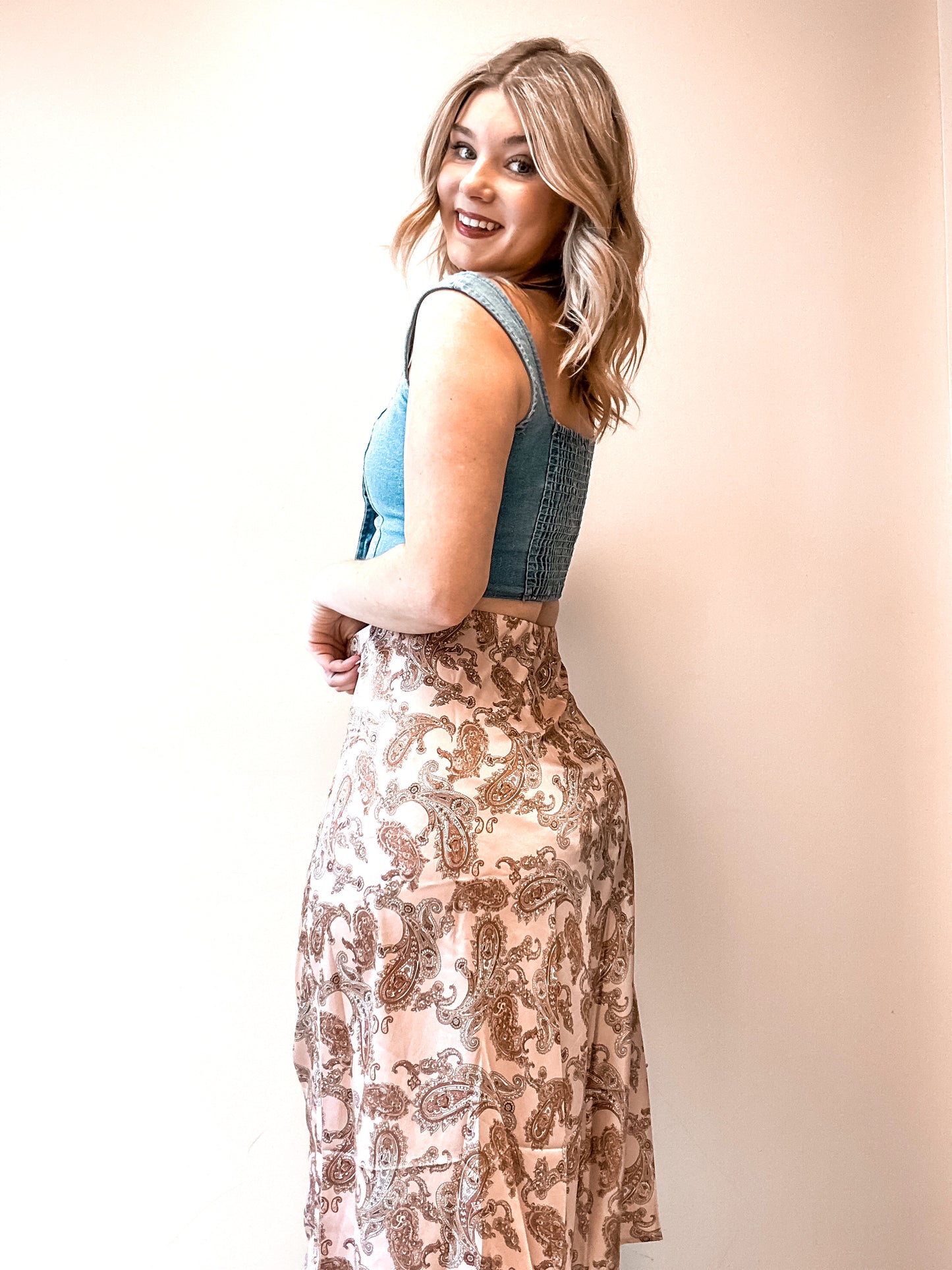 Boho Print Midi Satin Skirt