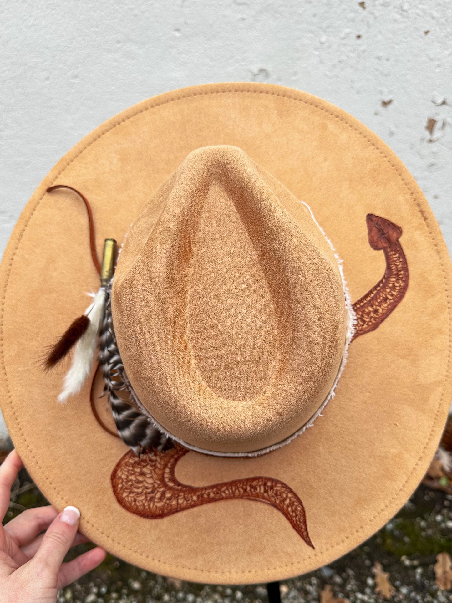 Camel Snake Vegan Suede Burned Hat