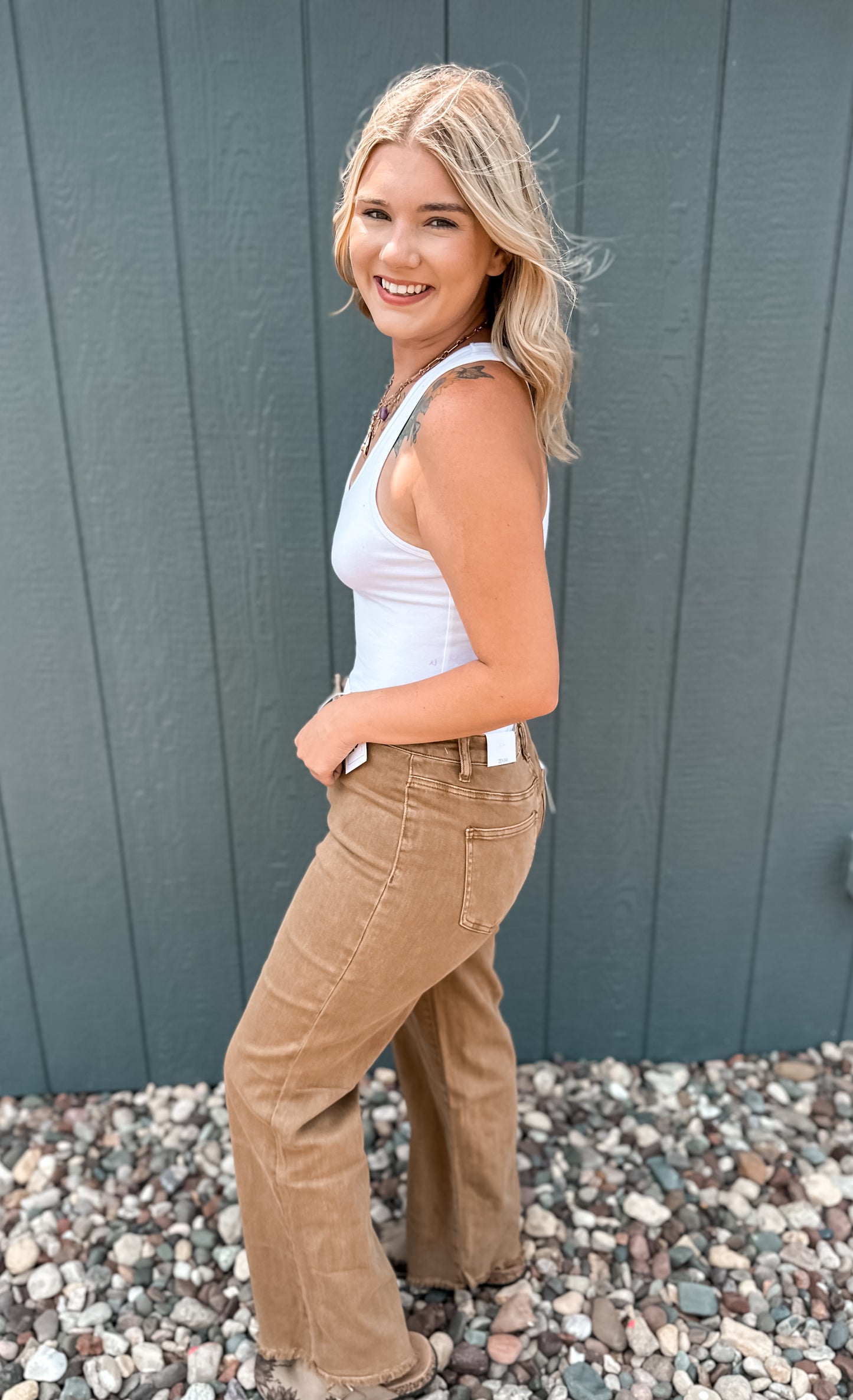 Acid Washed Frayed Cutoff Hem Straight Wide Pants