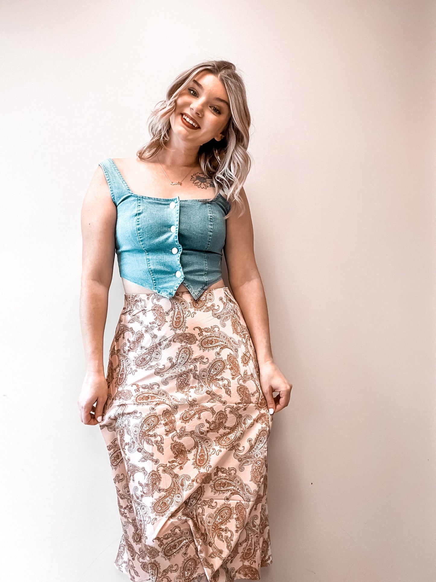 Boho Print Midi Satin Skirt