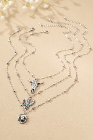 Western 3 Necklaces Set, Cow Cactus , Hat