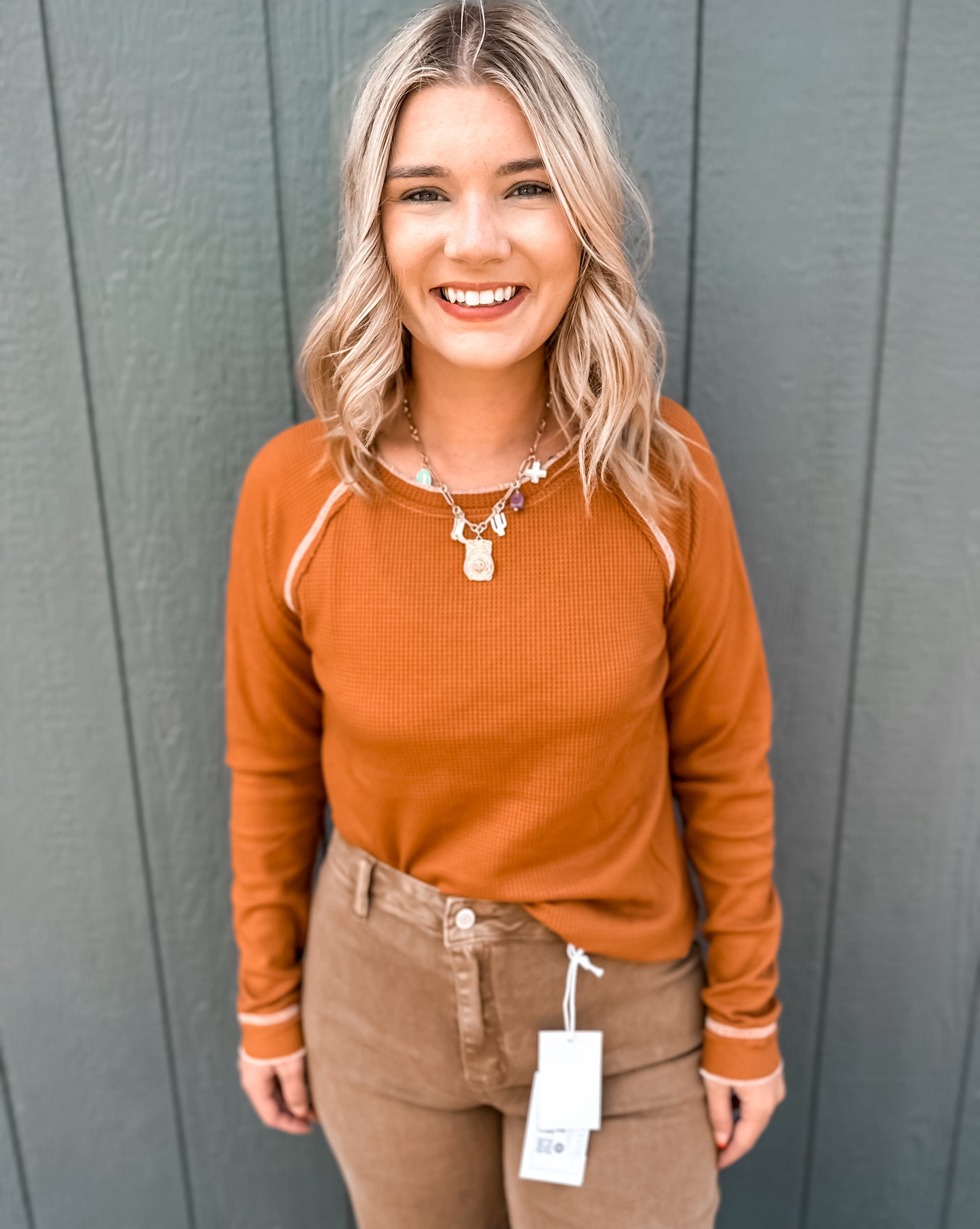 Waffle Knit Long Sleeve Brown Ruffle Sleeve Top