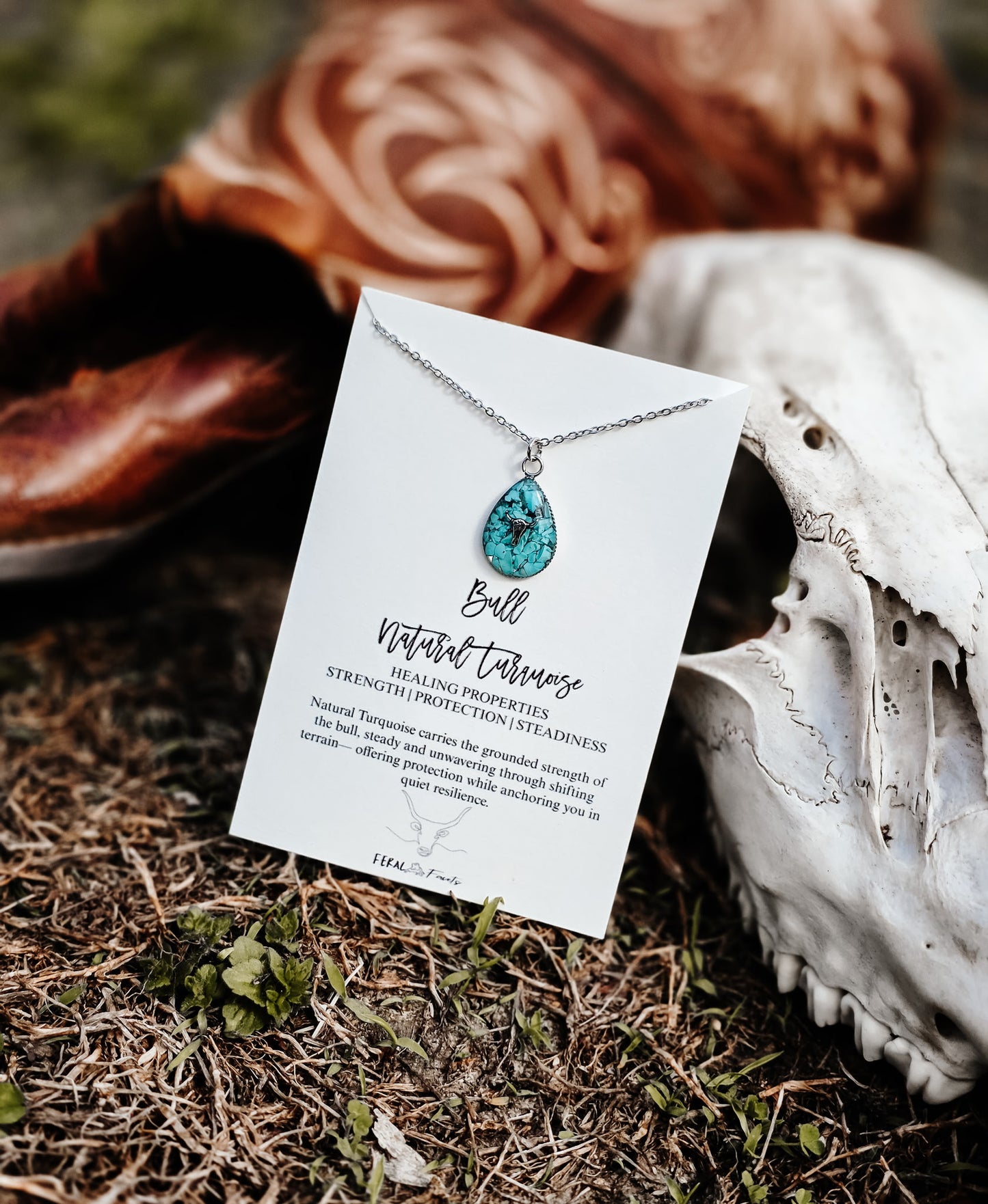 Bull Natural Turquoise Stainless Steel Necklace from Feral Facets