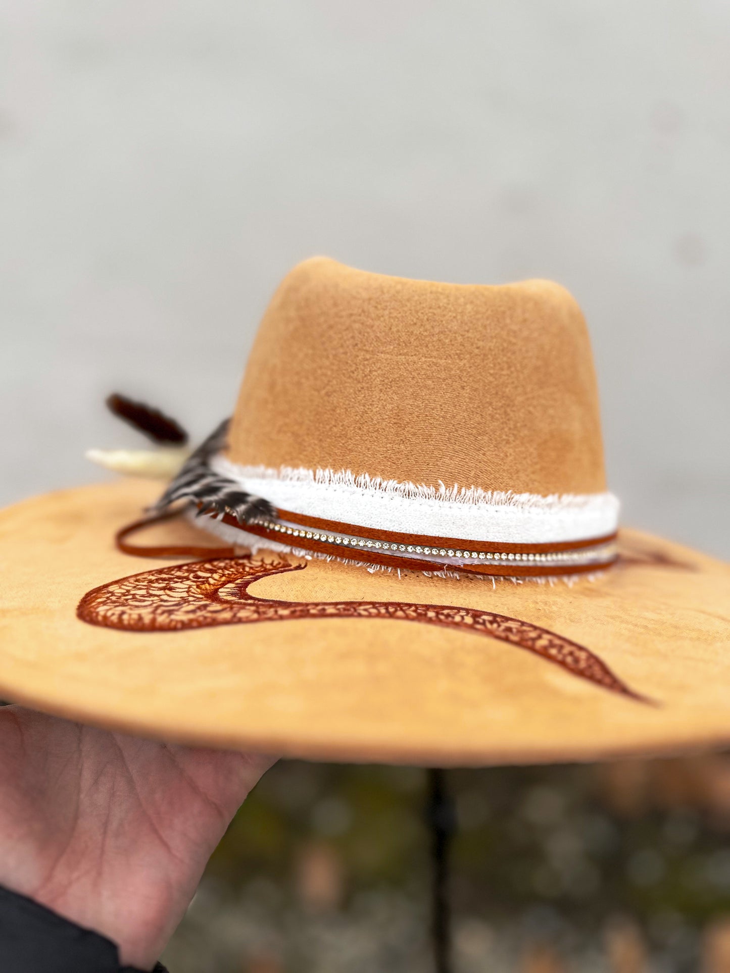 Camel Snake Vegan Suede Burned Hat