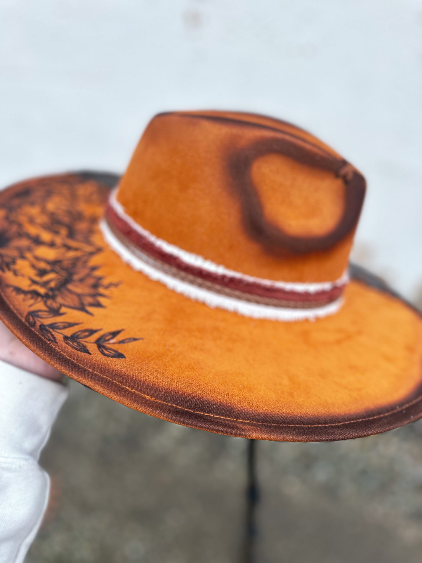 Caramel Mountain Sunflower Tooled Leather Vegan Suede Torched & Burned Hat