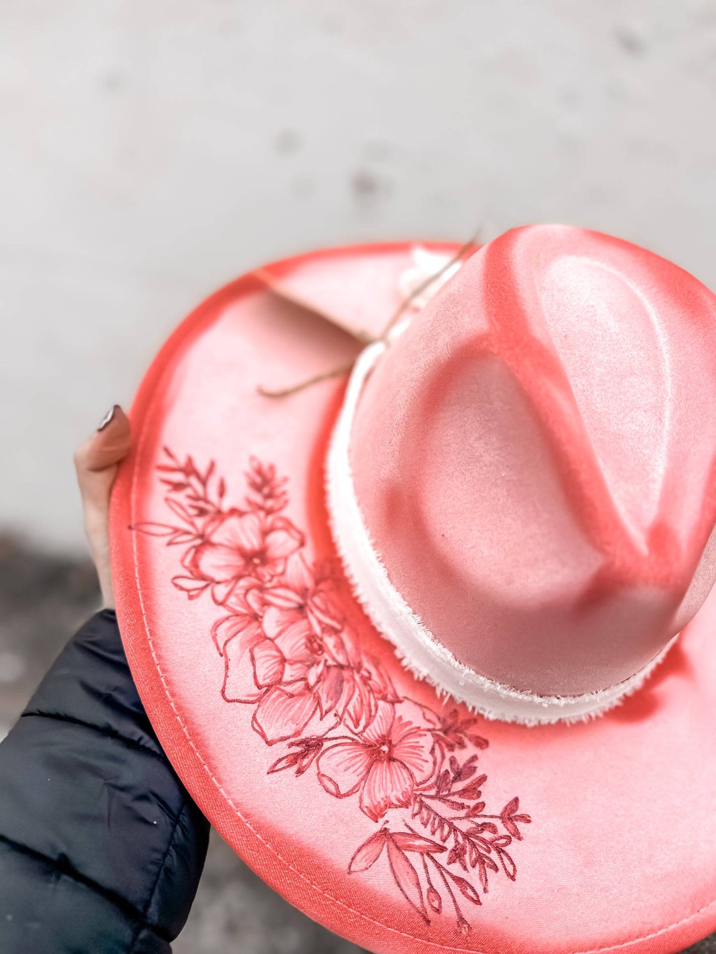 Pink Highland Cow Floral Torched & Burned Hat
