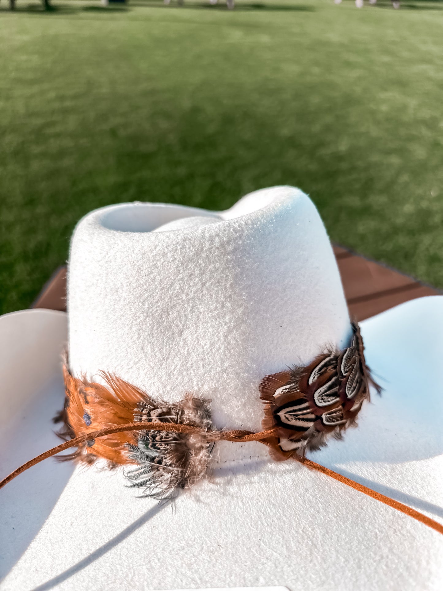 Feather Hat Band with Light blue feather tips with Leather Strap