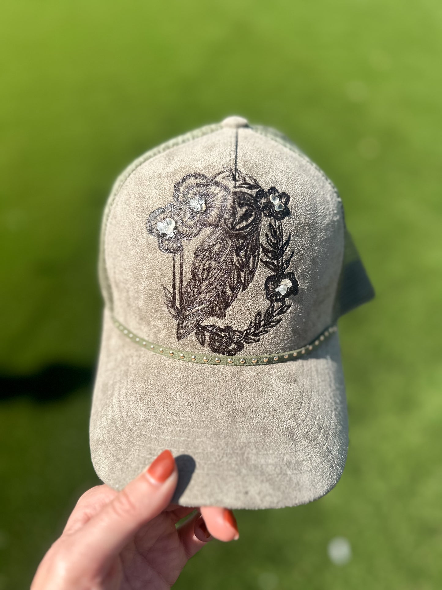 Owl Olive Colored Suede SnapBack Burned Hat