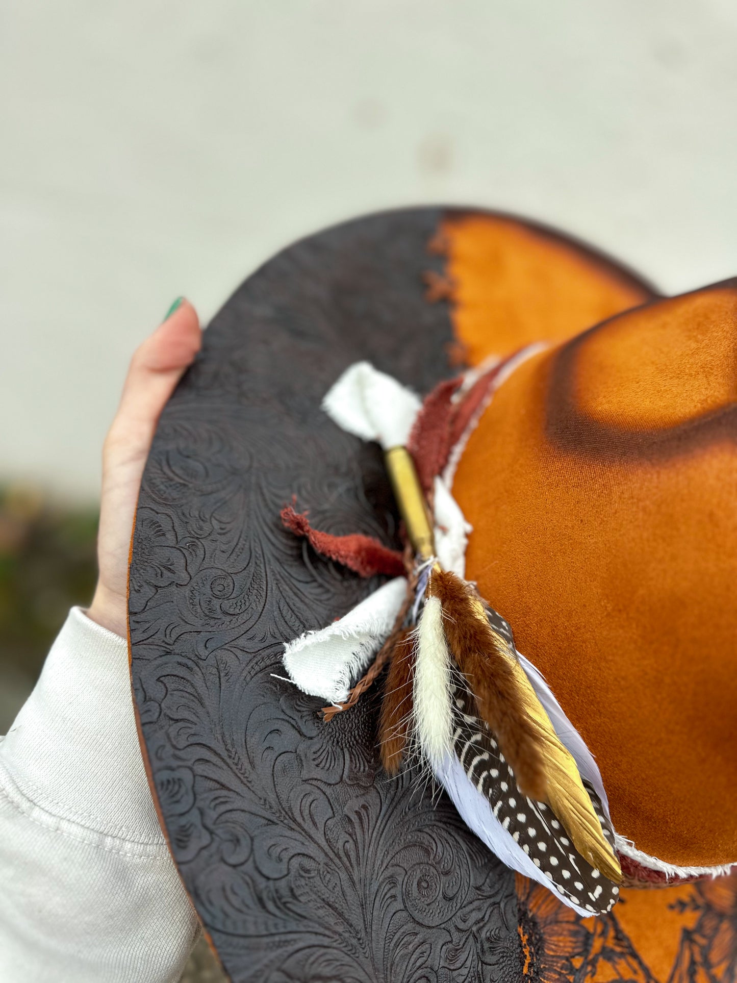 Caramel Mountain Sunflower Tooled Leather Vegan Suede Torched & Burned Hat