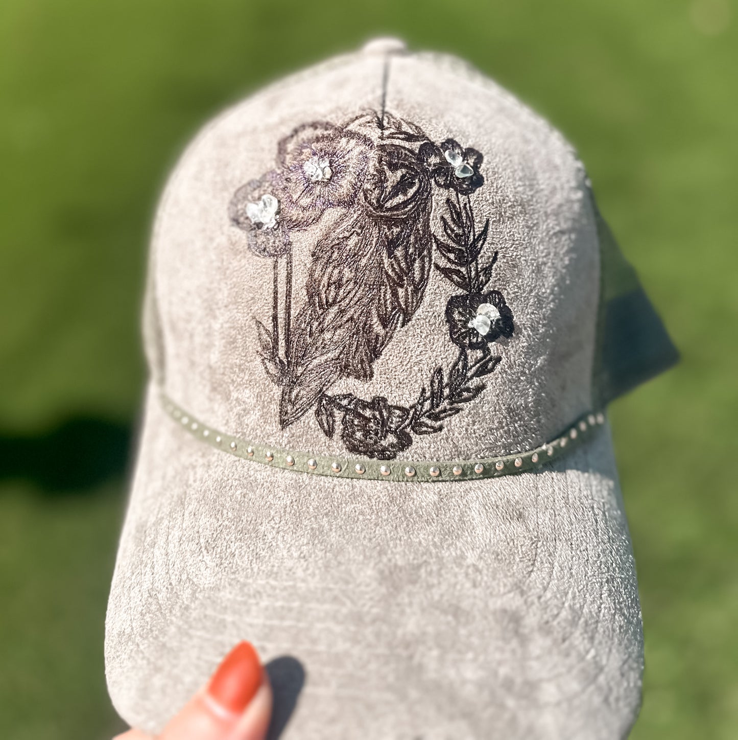 Owl Olive Colored Suede SnapBack Burned Hat