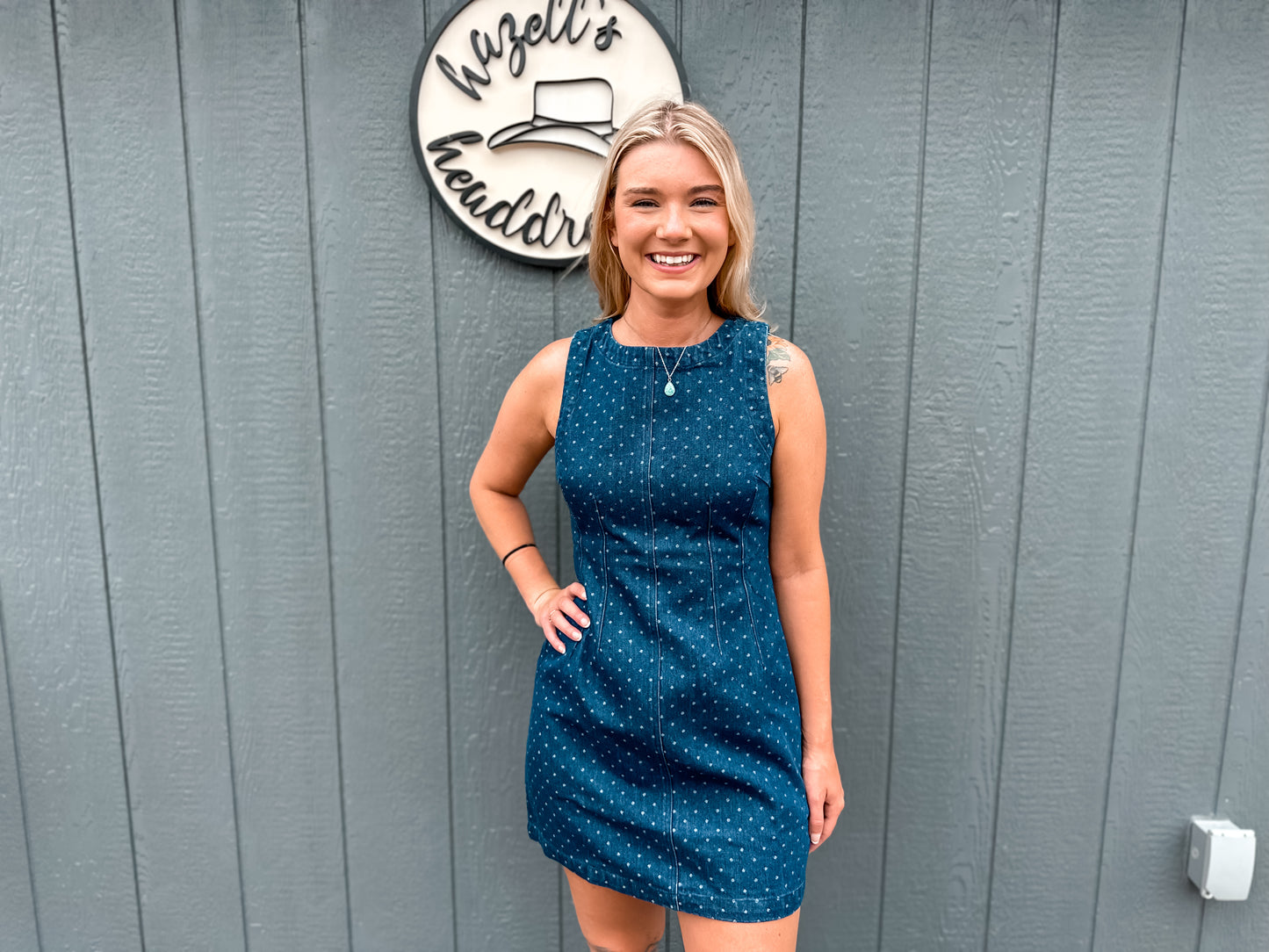 Polka Dot Sleeveless Seam Detail Denim Mini Dress