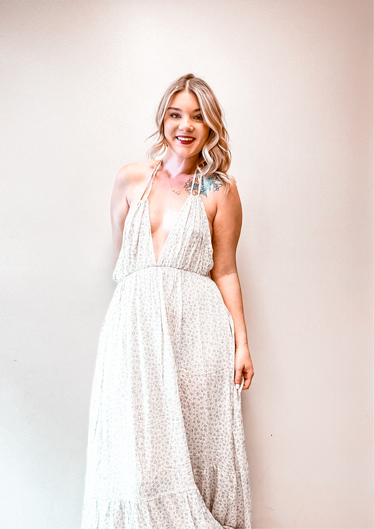 Halter Neck Ditsy Floral Print Maxi Dress