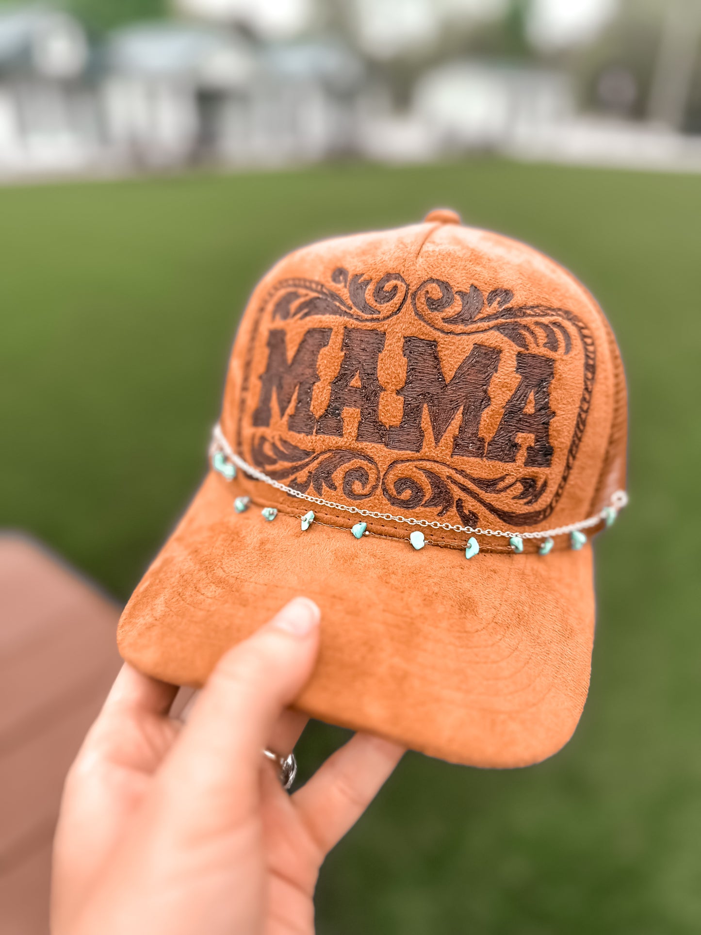 Burned MAMA Western Suede Trucker with turquoise and gold chains