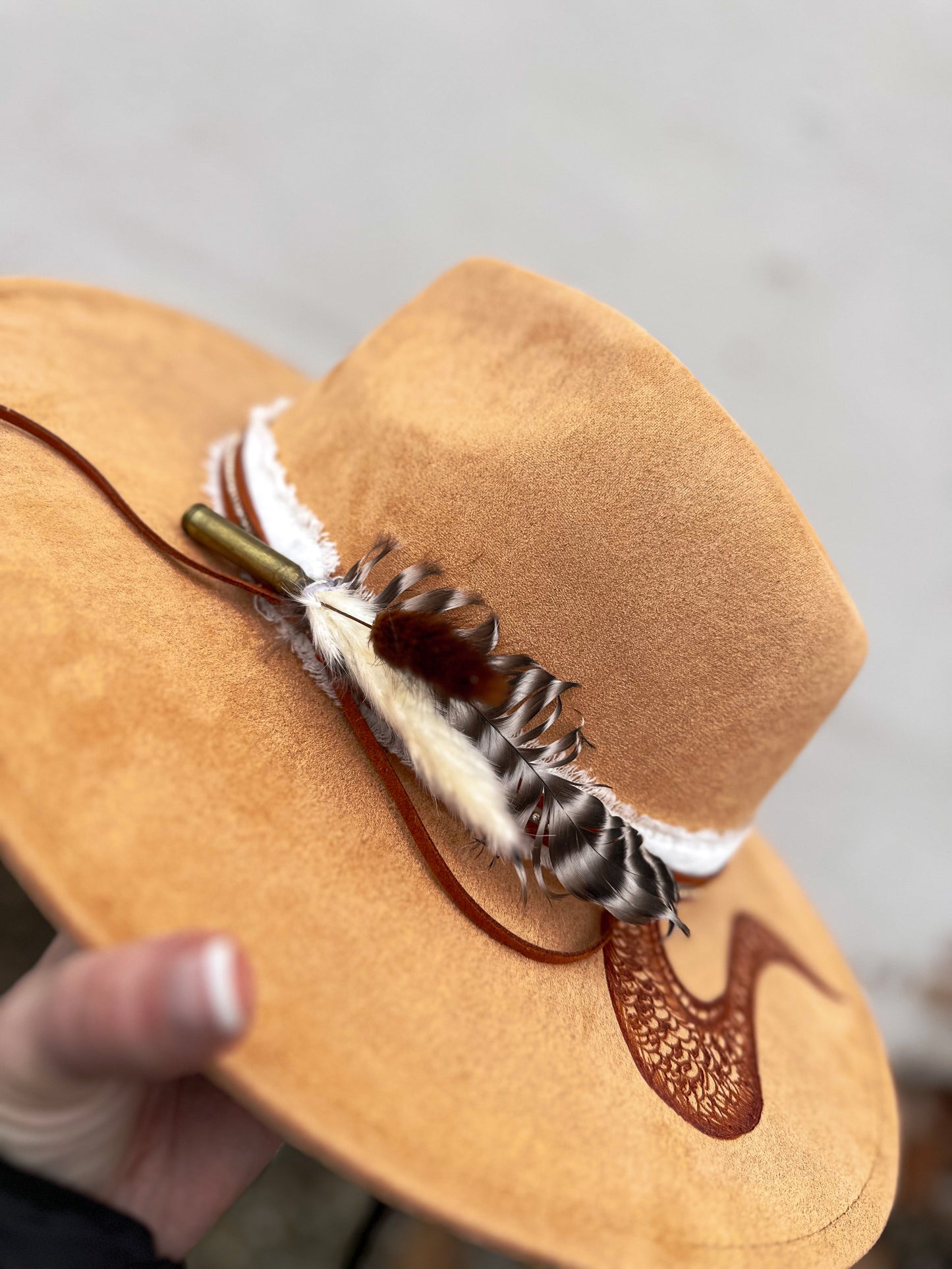 Camel Snake Vegan Suede Burned Hat