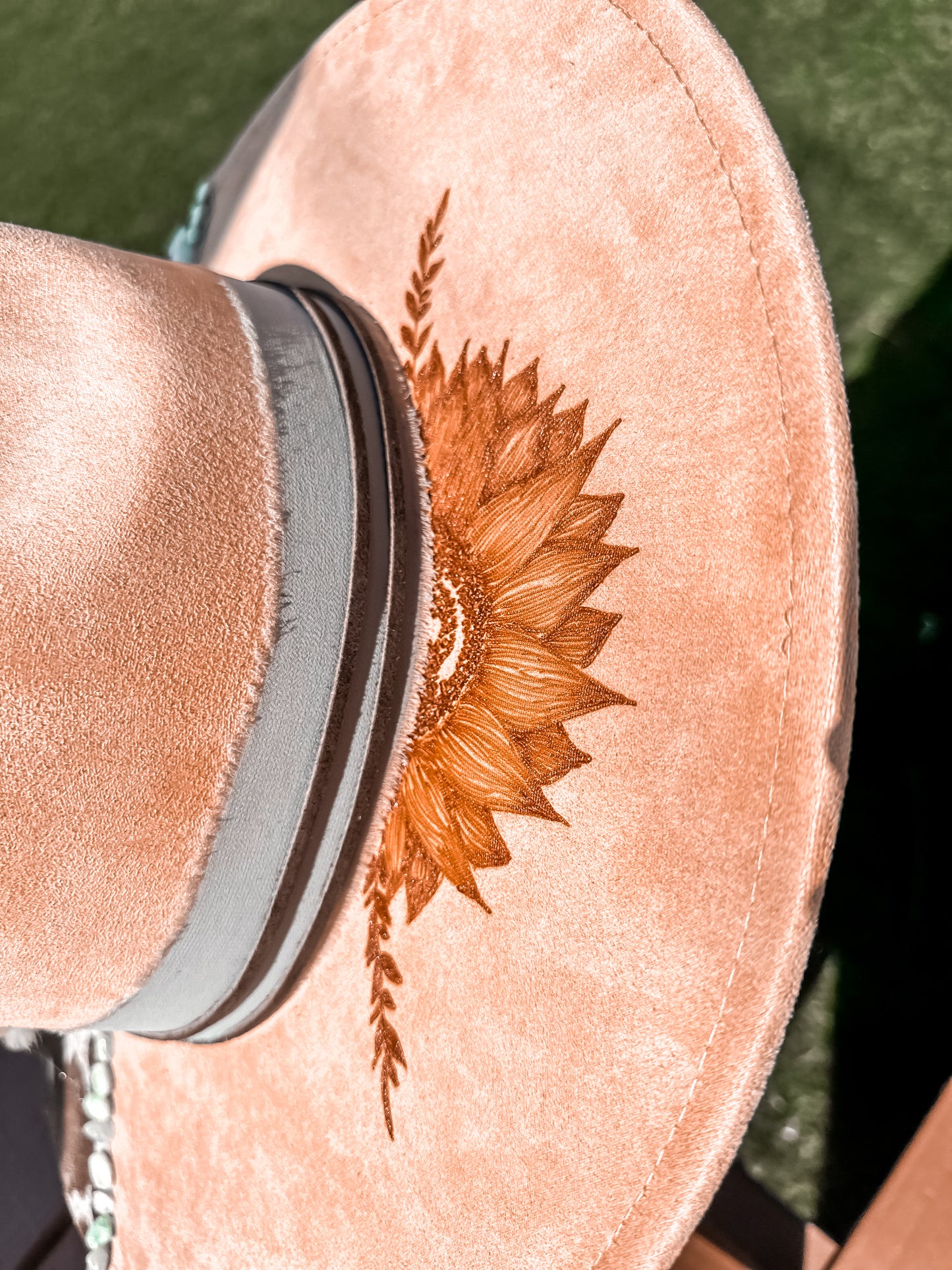 Sunflower and Cowhide with Green Aventurine on Camel Hat
