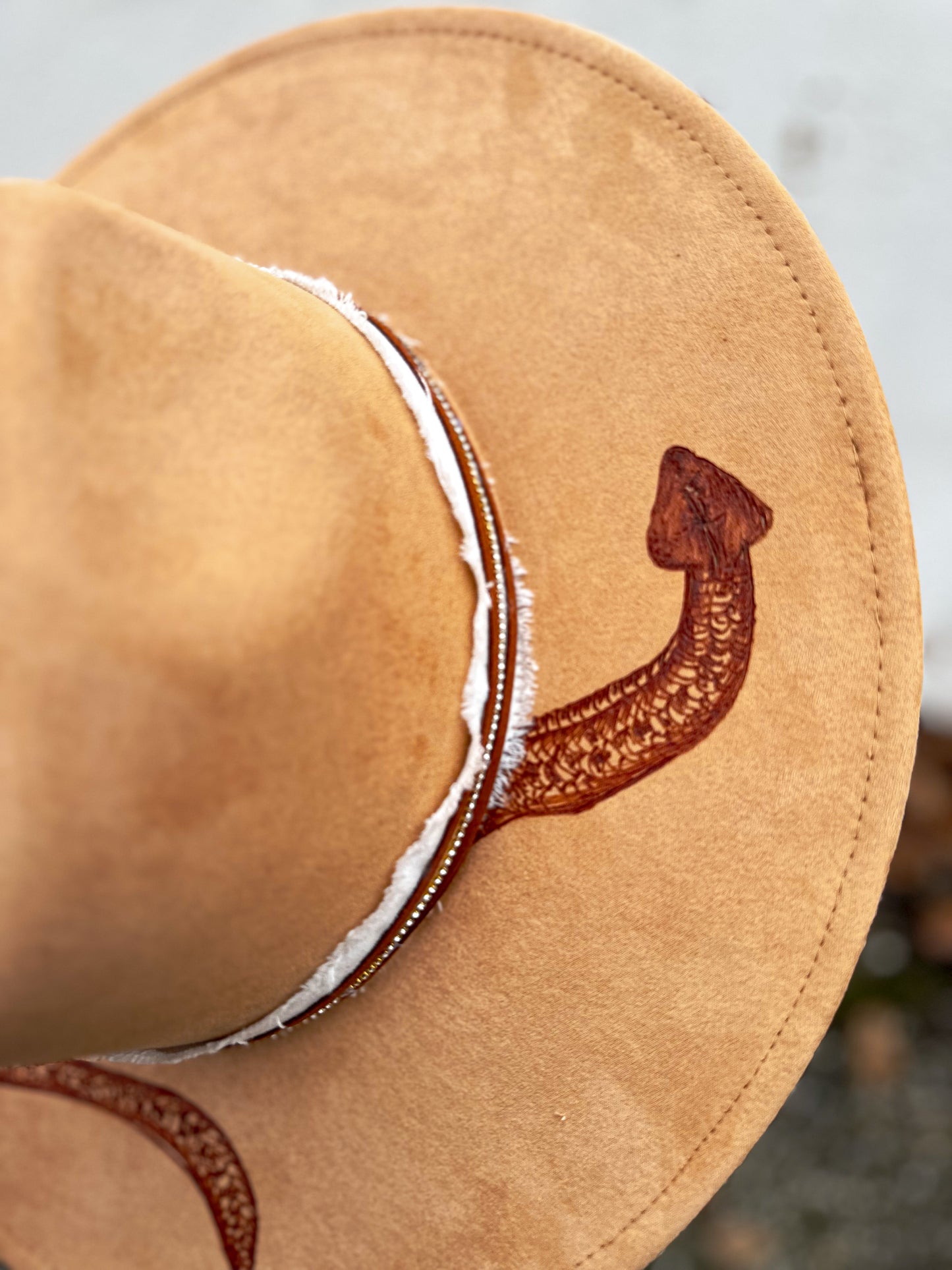 Camel Snake Vegan Suede Burned Hat
