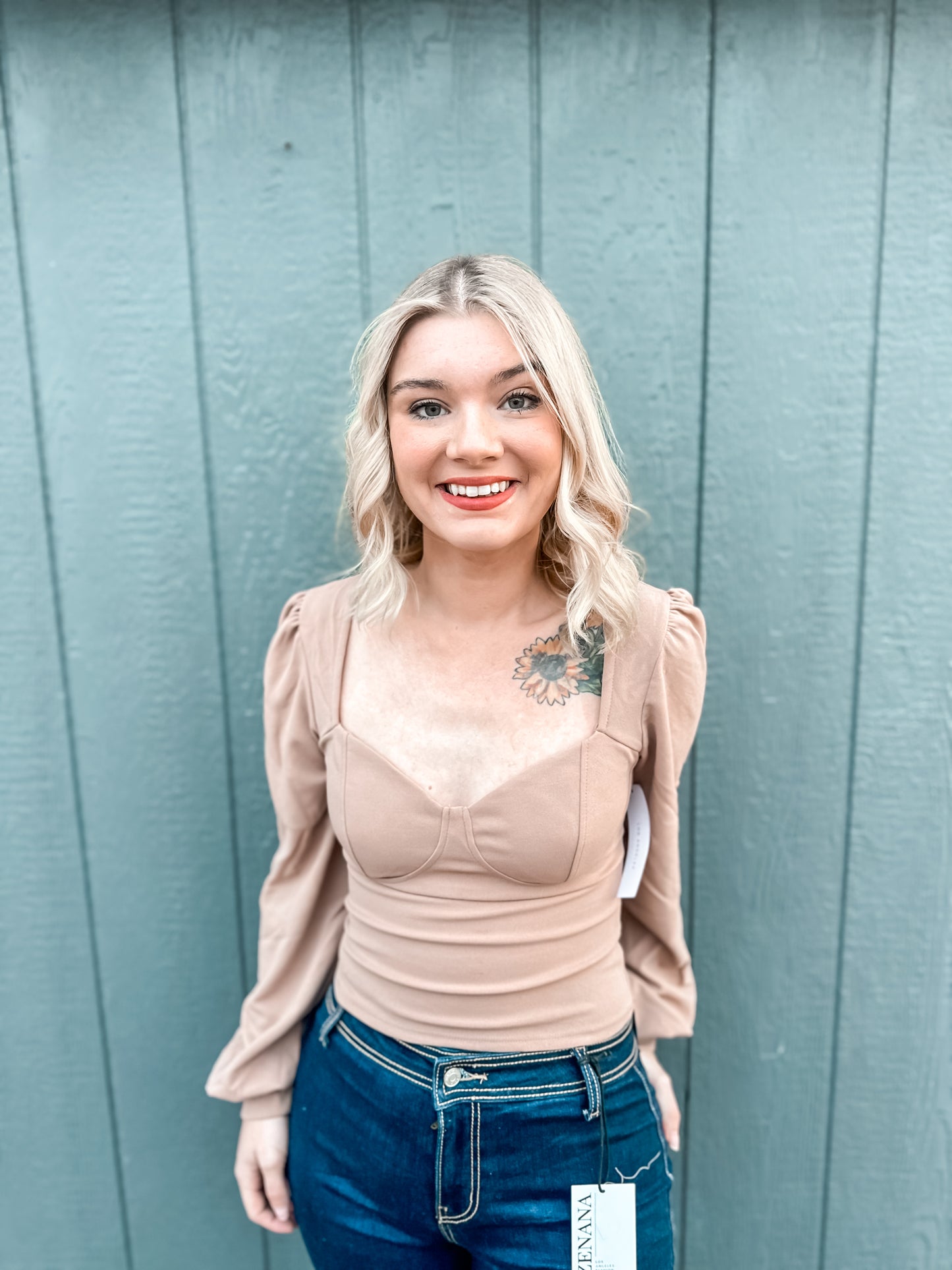 Long Sleeve Taupe Ruffle Sleeve Top