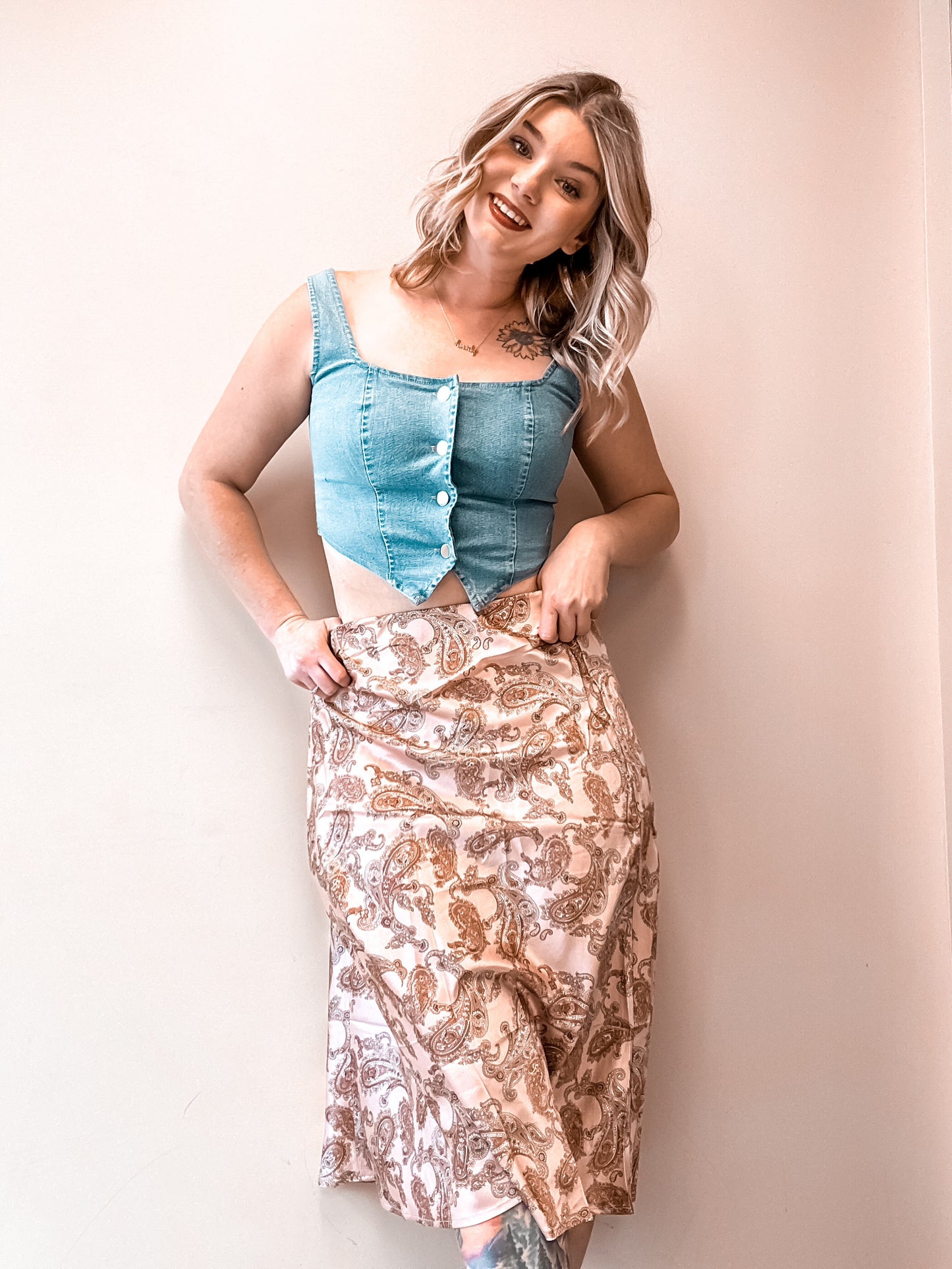 Boho Print Midi Satin Skirt