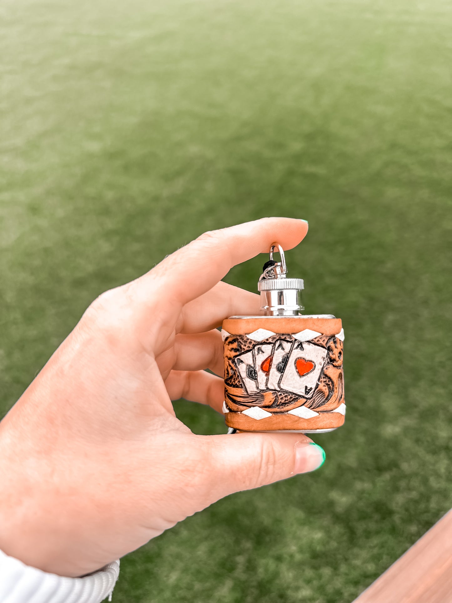 1 oz Cards Tooled Leather Flask Keychain