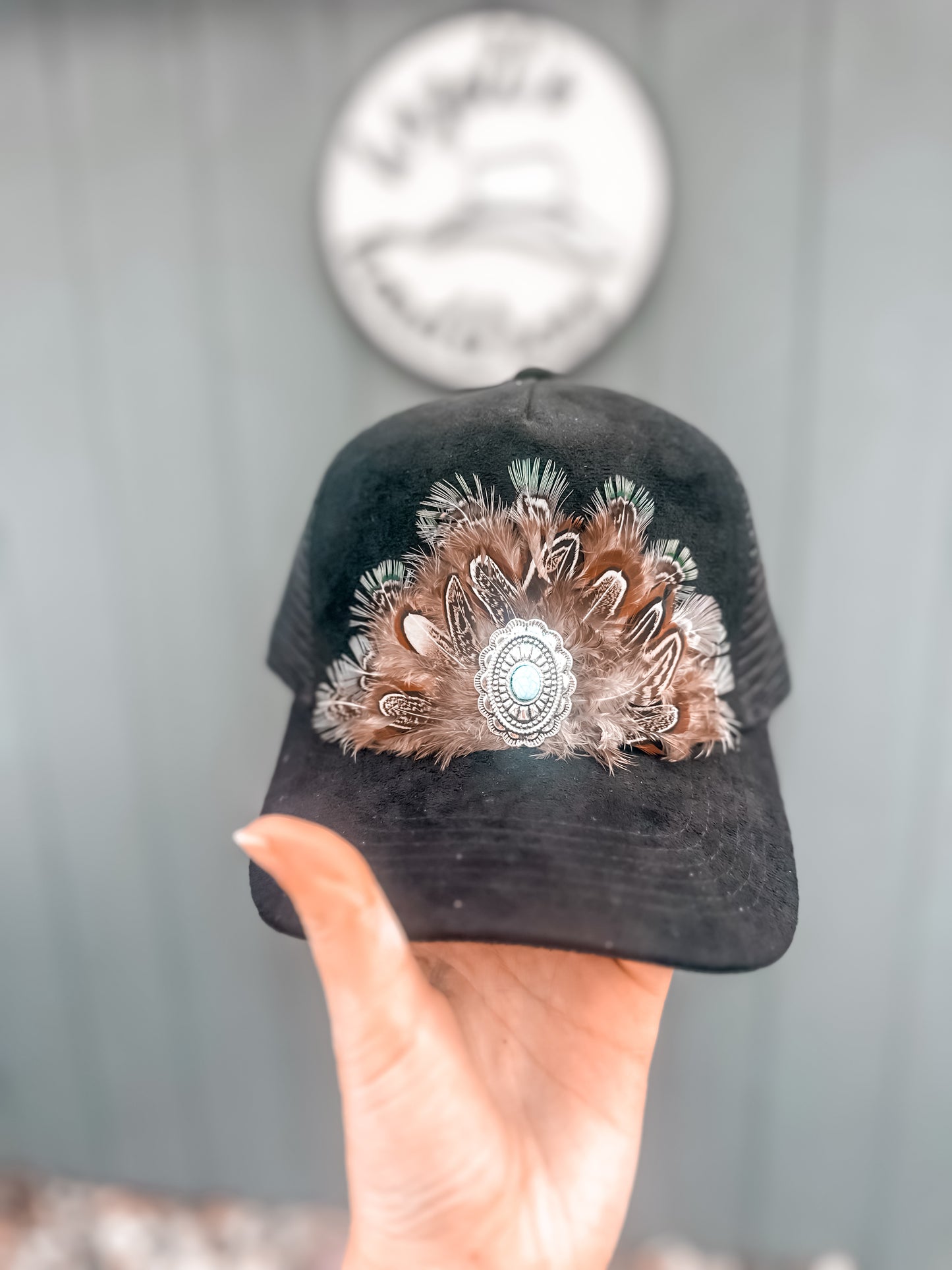 Black Feather Suede Trucker Hat