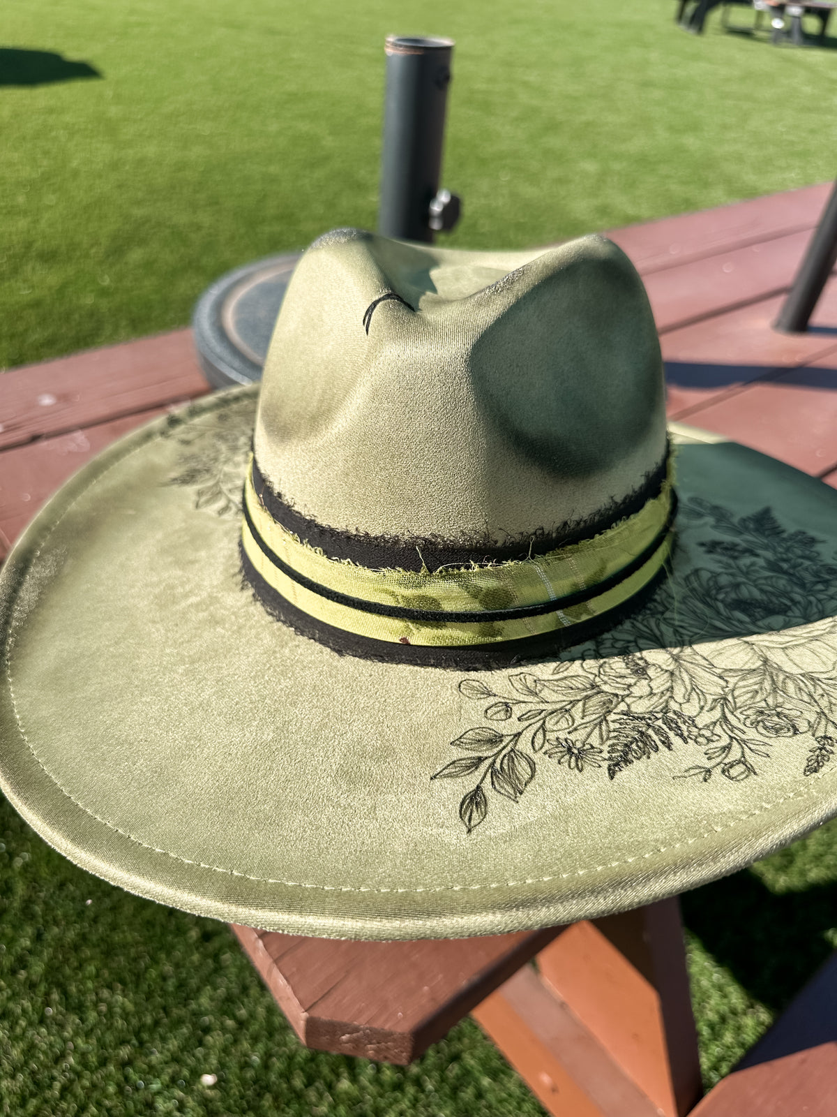 Sage Vegan Suede Peonies Burned & Torched Hat