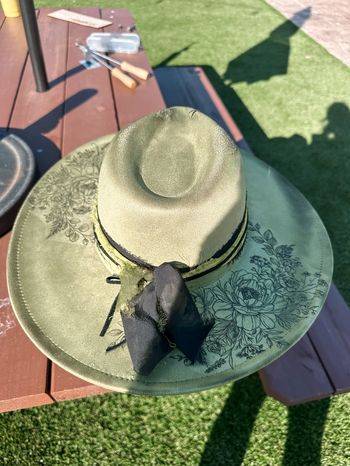 Sage Vegan Suede Peonies Burned & Torched Hat