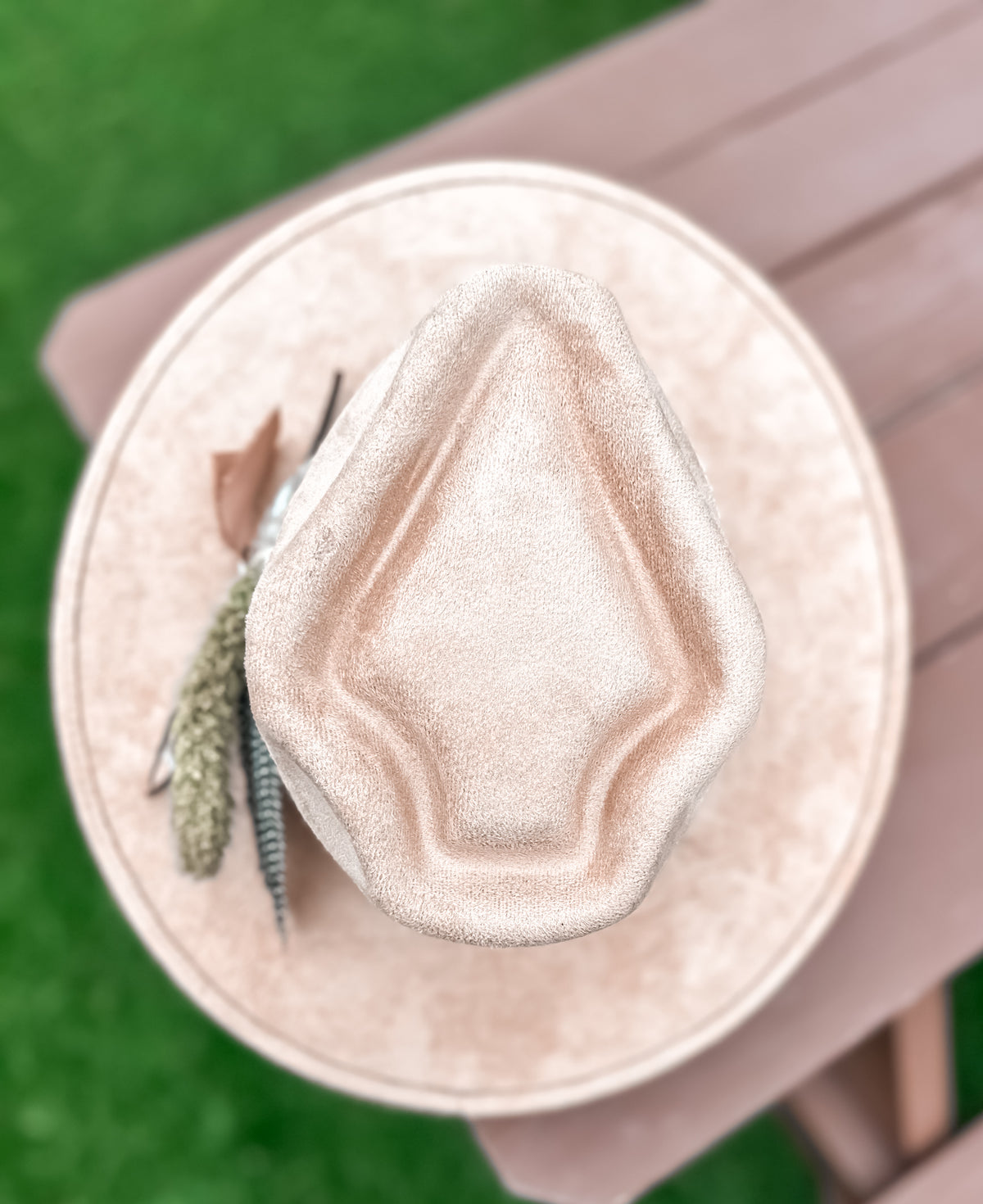 Khaki Rancher Arrowhead Suede Hat with Floral and Brown Banding