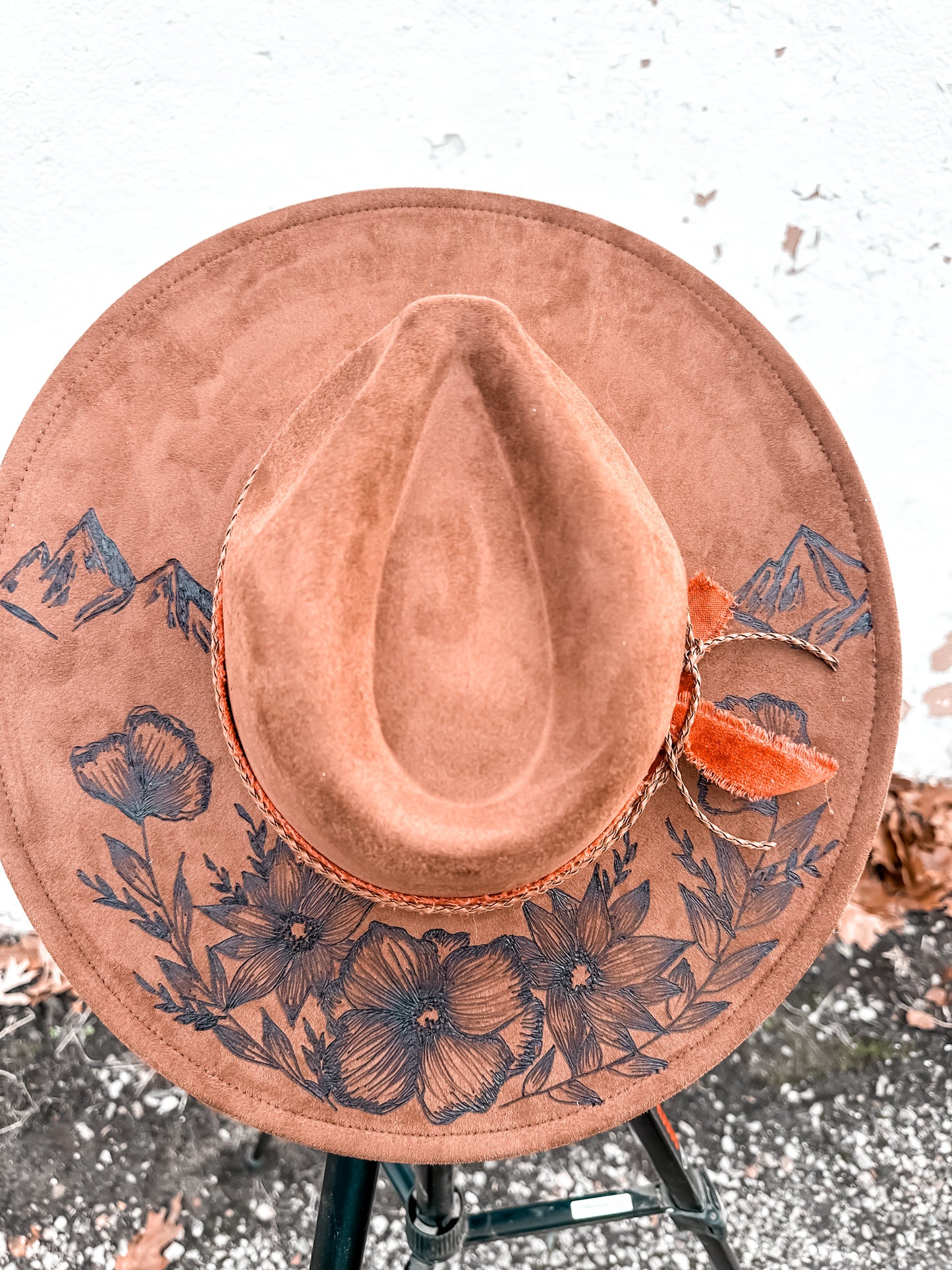 Brown Mountain Floral Burned Hat