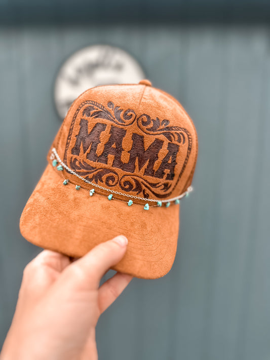 Burned MAMA Western Suede Trucker with turquoise and gold chains