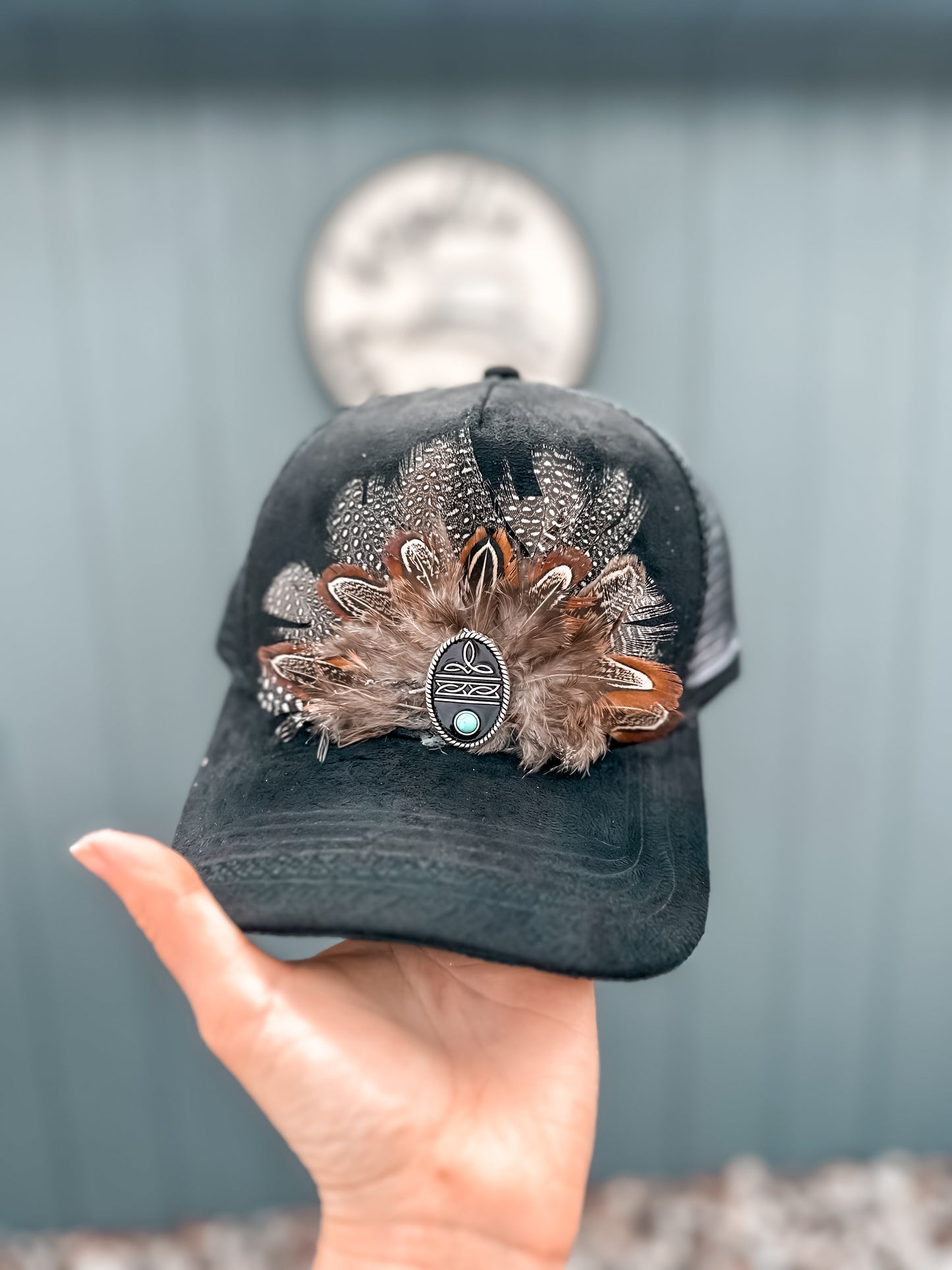 Black Suede Feather Trucker Hat with Bootstitch Turquoise Charm