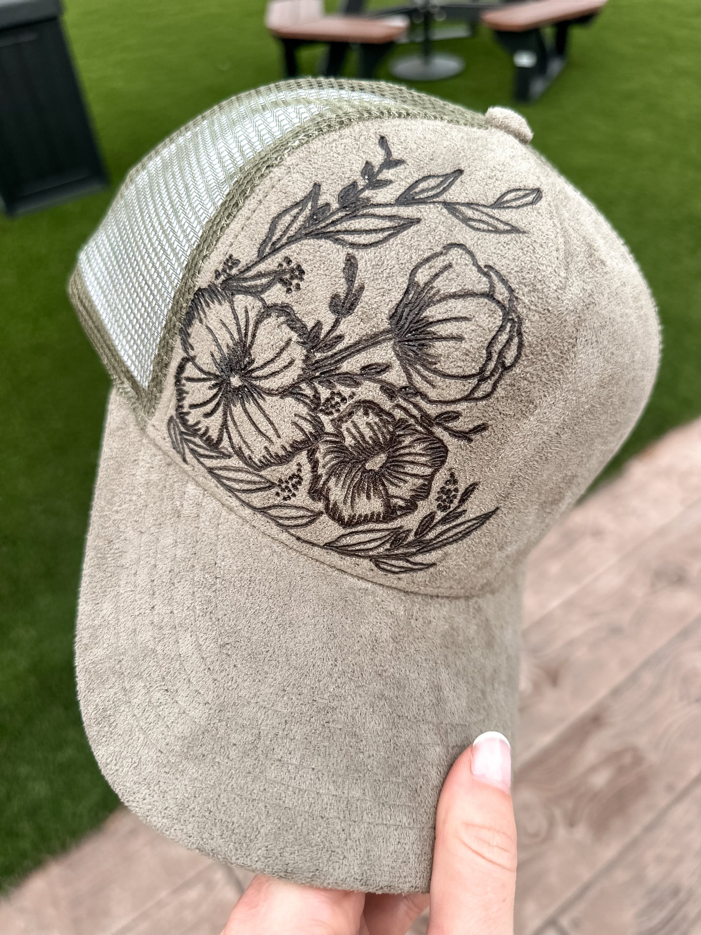 Olive Floral Suede Burned Baseball Hat