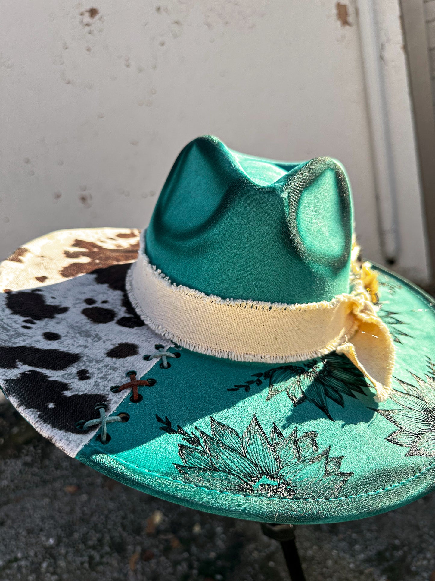 Teal Cowhide Sunflower Torched & Burned Hat