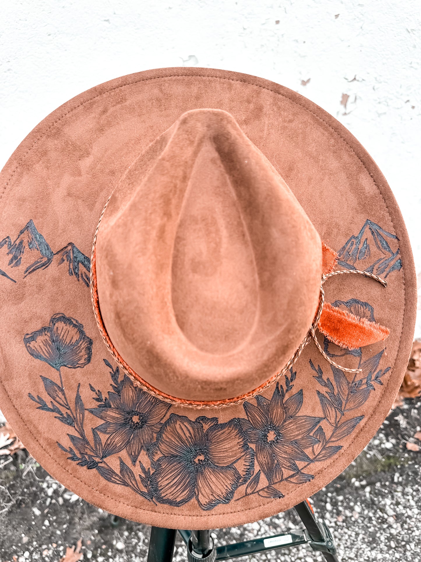 Brown Mountain Floral Burned Hat