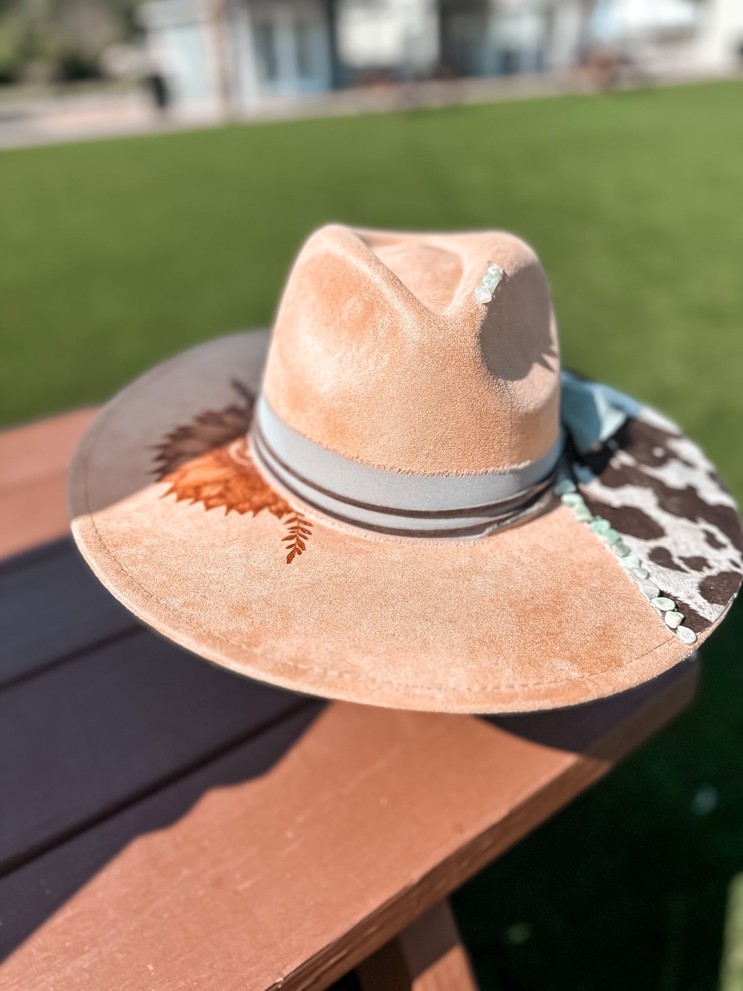 Sunflower and Cowhide with Green Aventurine on Camel Hat