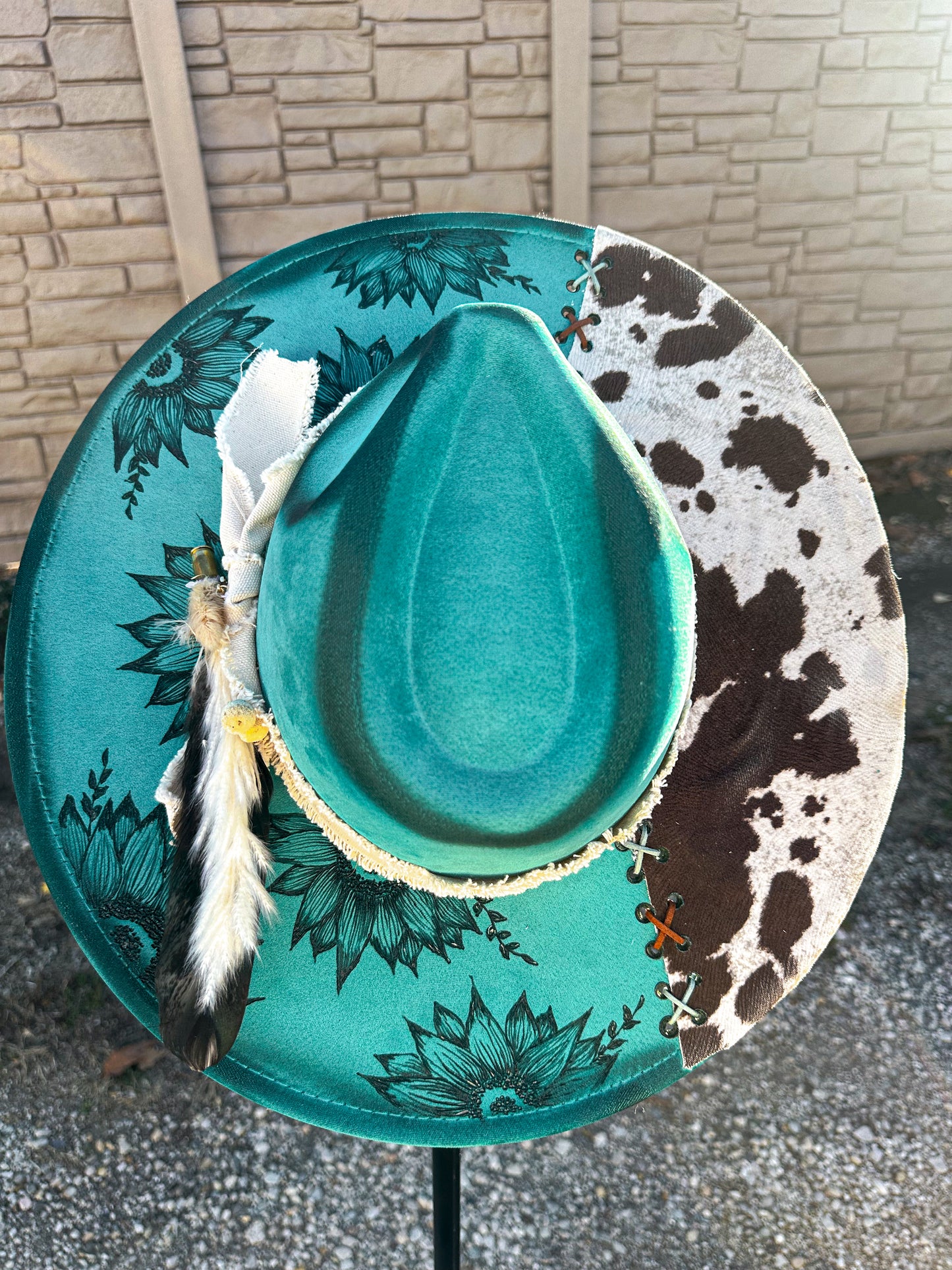 Teal Cowhide Sunflower Torched & Burned Hat