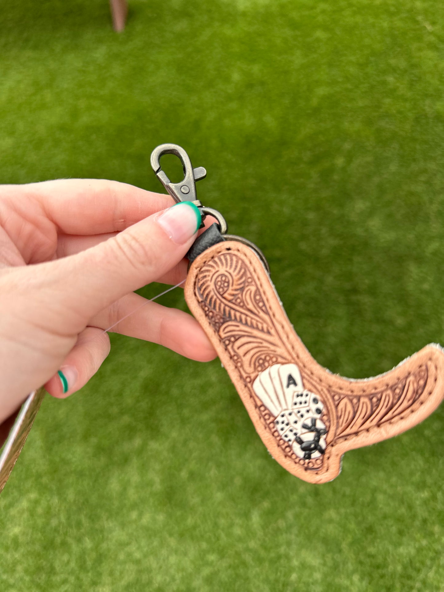 Poker Tooled Leather & Cowhide Keychain 