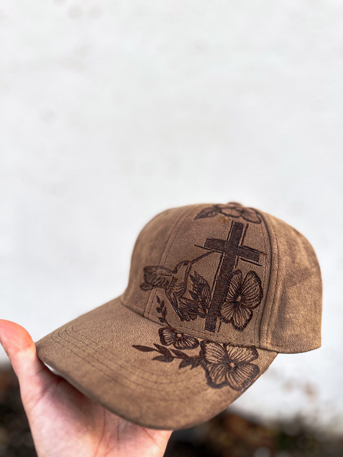 Brown Cross Hummingbird Burned Baseball Hat