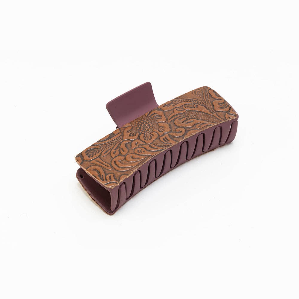 Rust Road Brown Embossed Leather Hair Clip: Brown