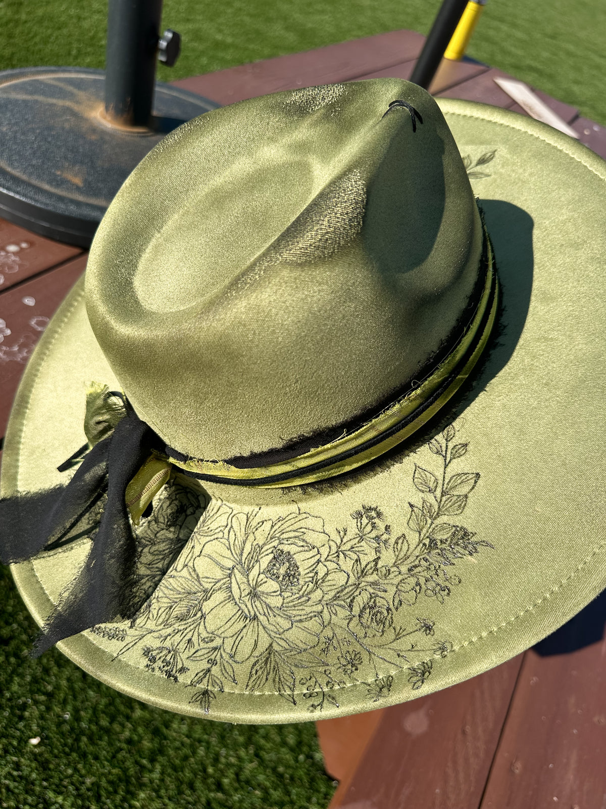 Sage Vegan Suede Peonies Burned & Torched Hat