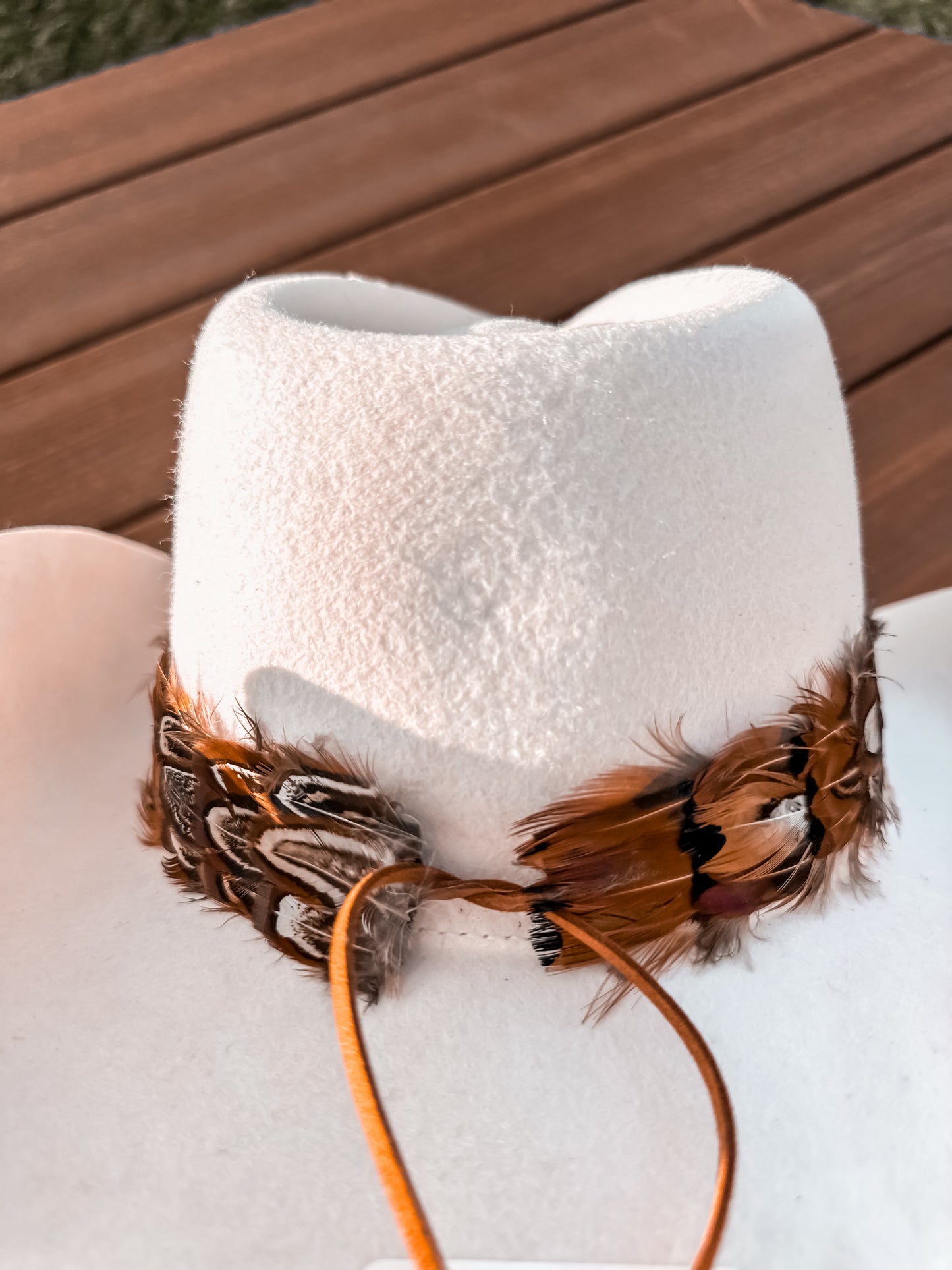 Striped Feather hat band with leather strap