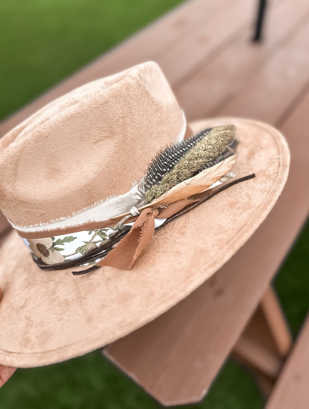 Khaki Rancher Arrowhead Suede Hat with Floral and Brown Banding