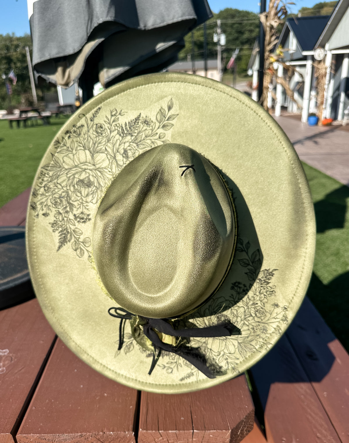 Sage Vegan Suede Peonies Burned & Torched Hat