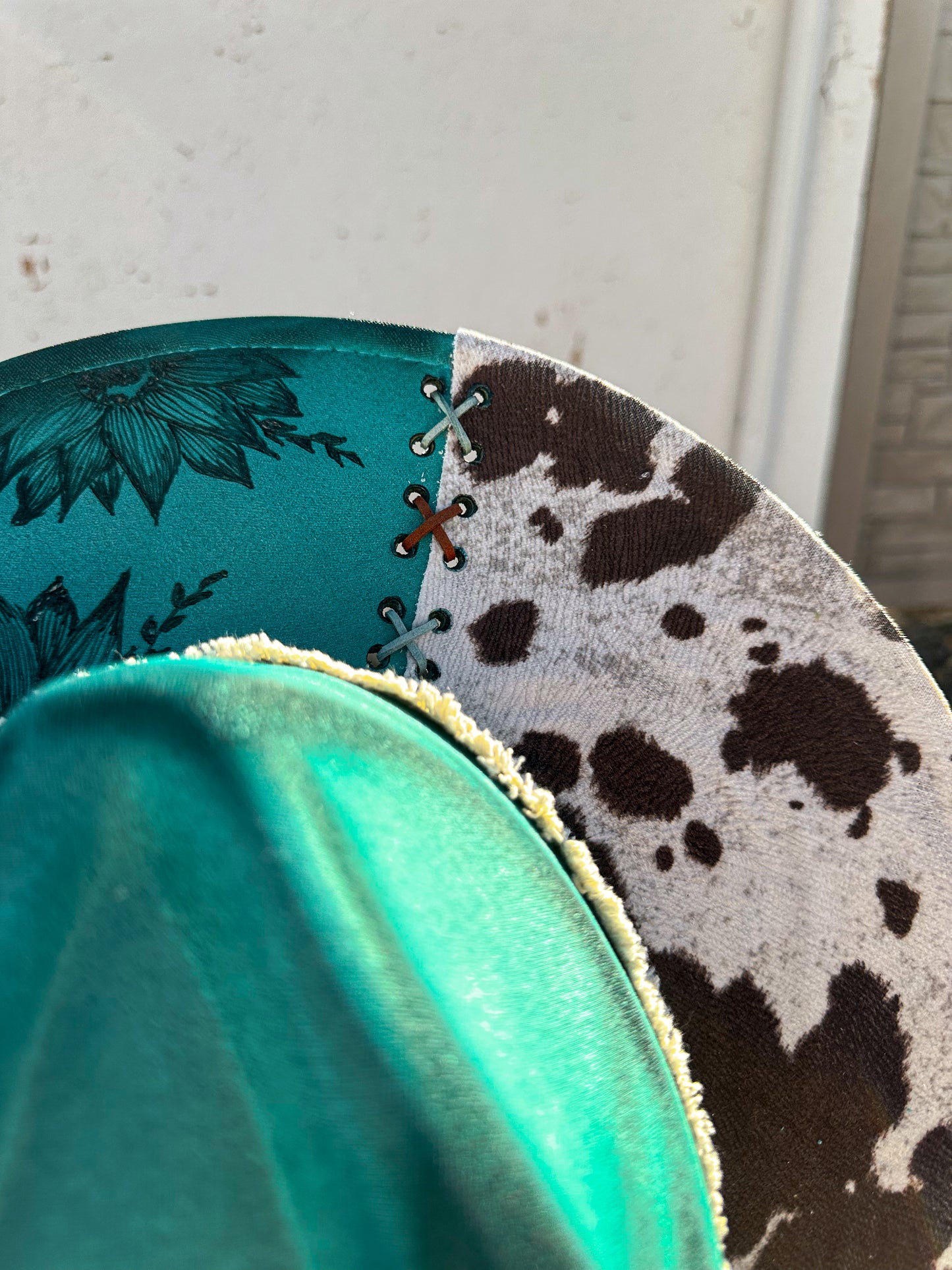 Teal Cowhide Sunflower Torched & Burned Hat