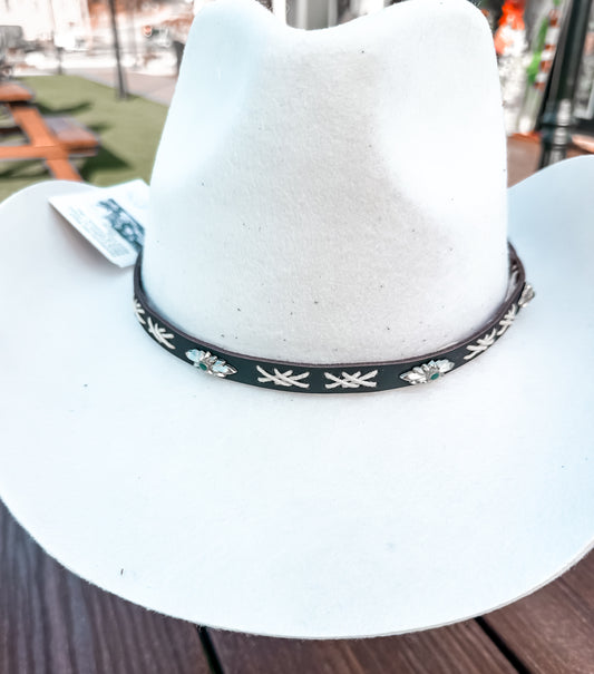 Handmade Hat Band – Black Leather w/ White Stitch & Western