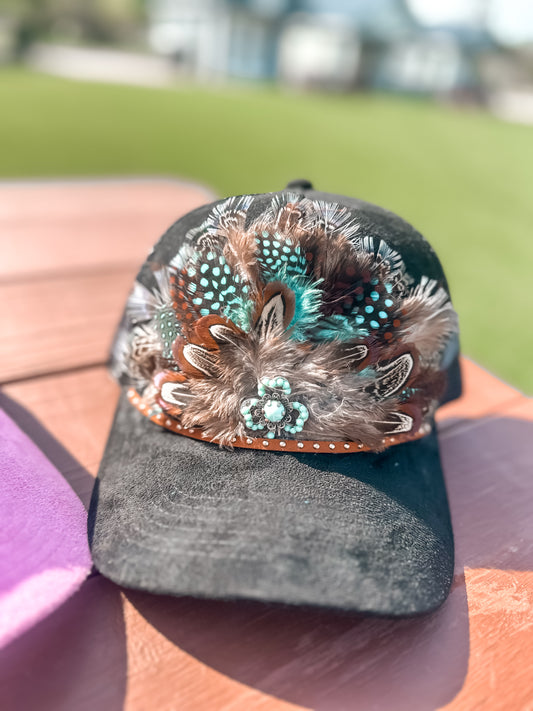 Black Feather Trucker Hat with Turquoise and Silver Clover Charm & Brown Studded Leather